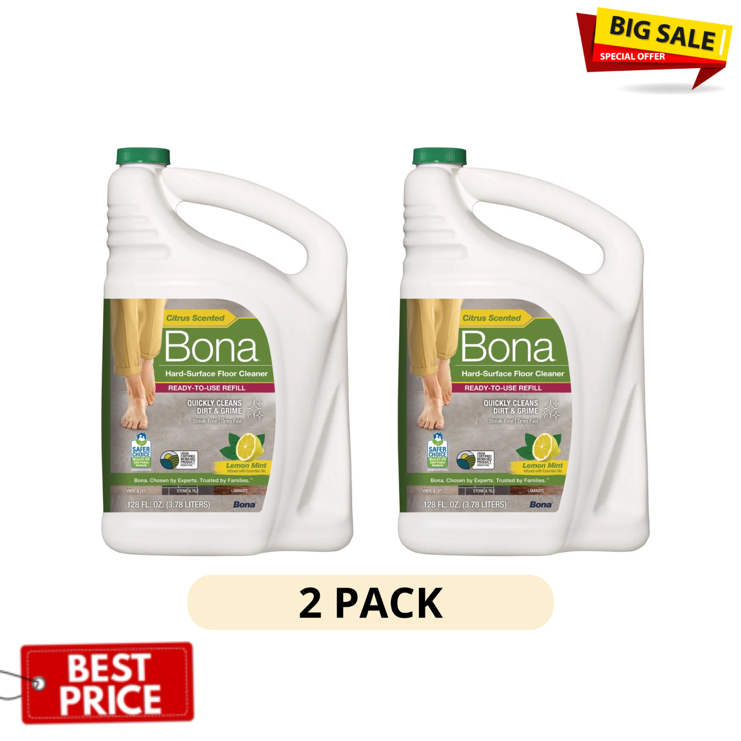 2 Pack Bona Hard Surface Floor Cleaner 128 oz Lemon Mint Deep Clean Power