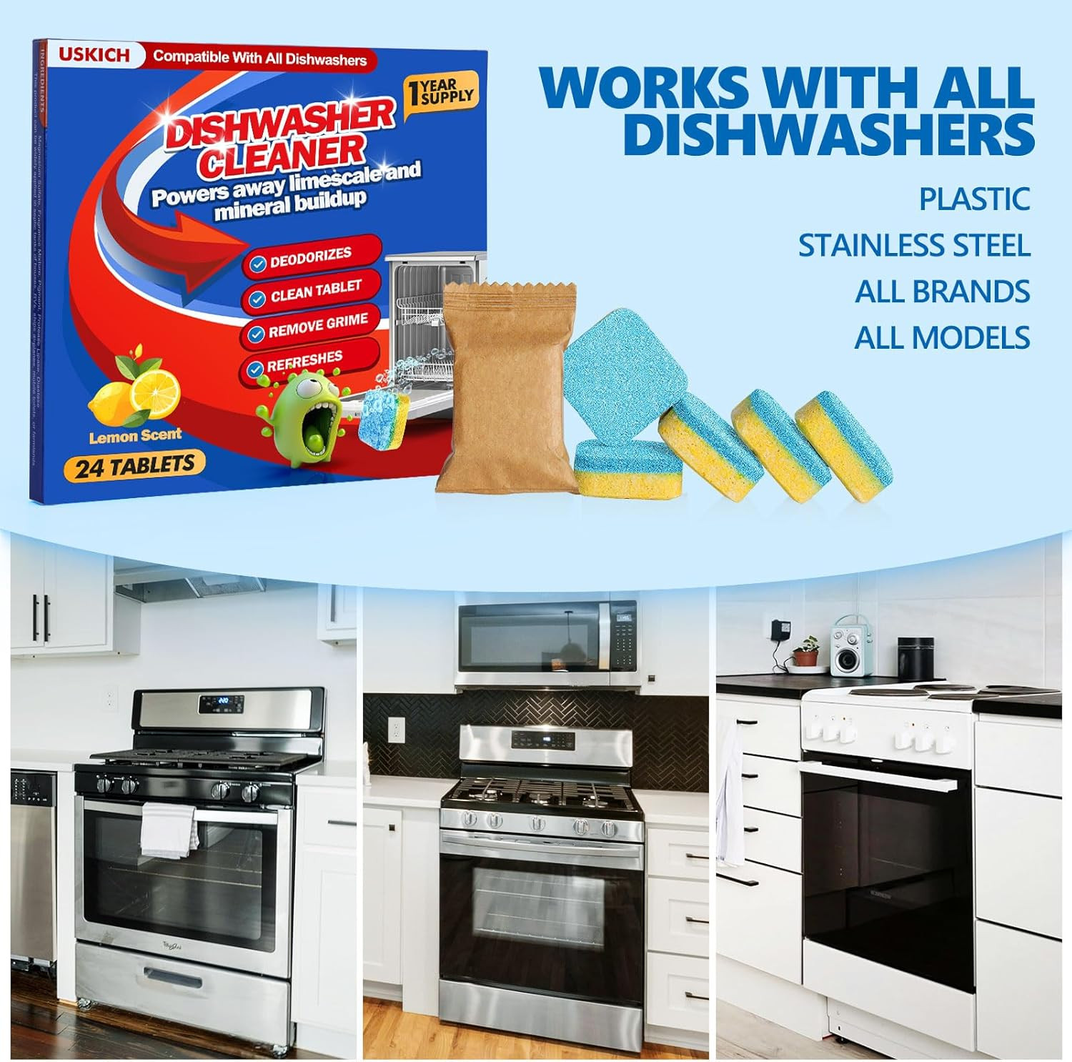 Dishwasher Cleaner and Deodorizer Tablets 24 Pack,Deep Cleaning Descaler Pods fo