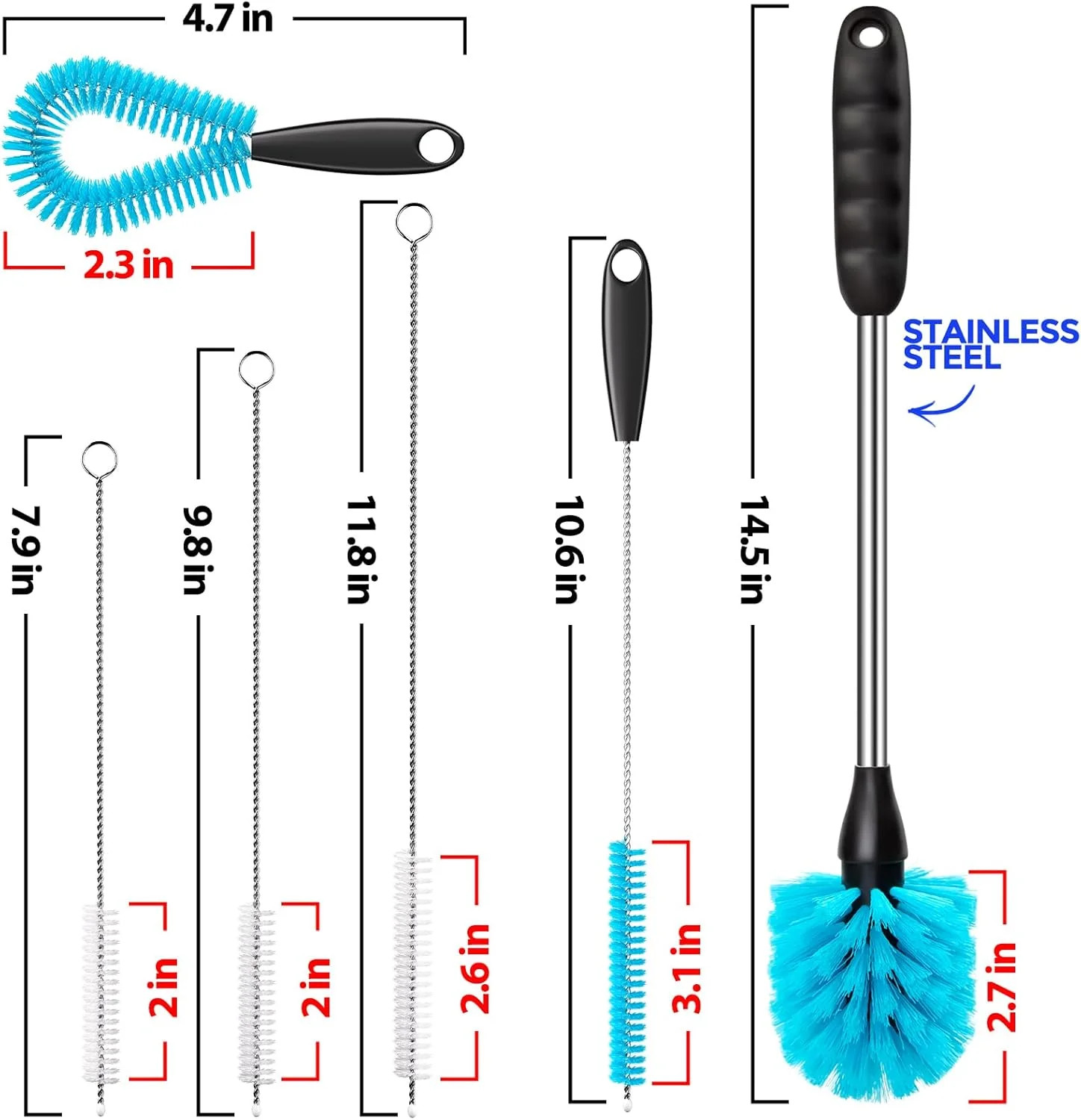 6 Pack Bottle Brush Set, 14.5″ Long Handle Stainless Steel Bottle Cleaner Brush,
