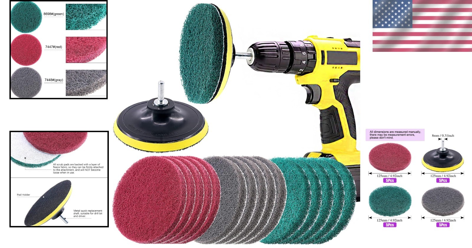 16Pcs 5-Inch Drill-Powered Scrubbing Pads Kit – Abrasive Cleaning Solution