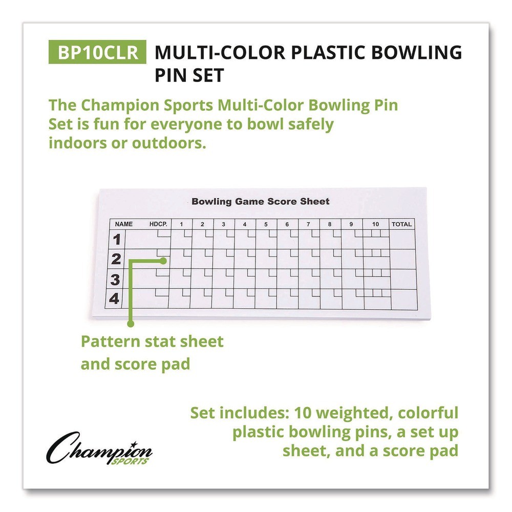 Champion Sports BP10CLR Plastic Bowling Pin Set – Assorted Colors (10/Set) New
