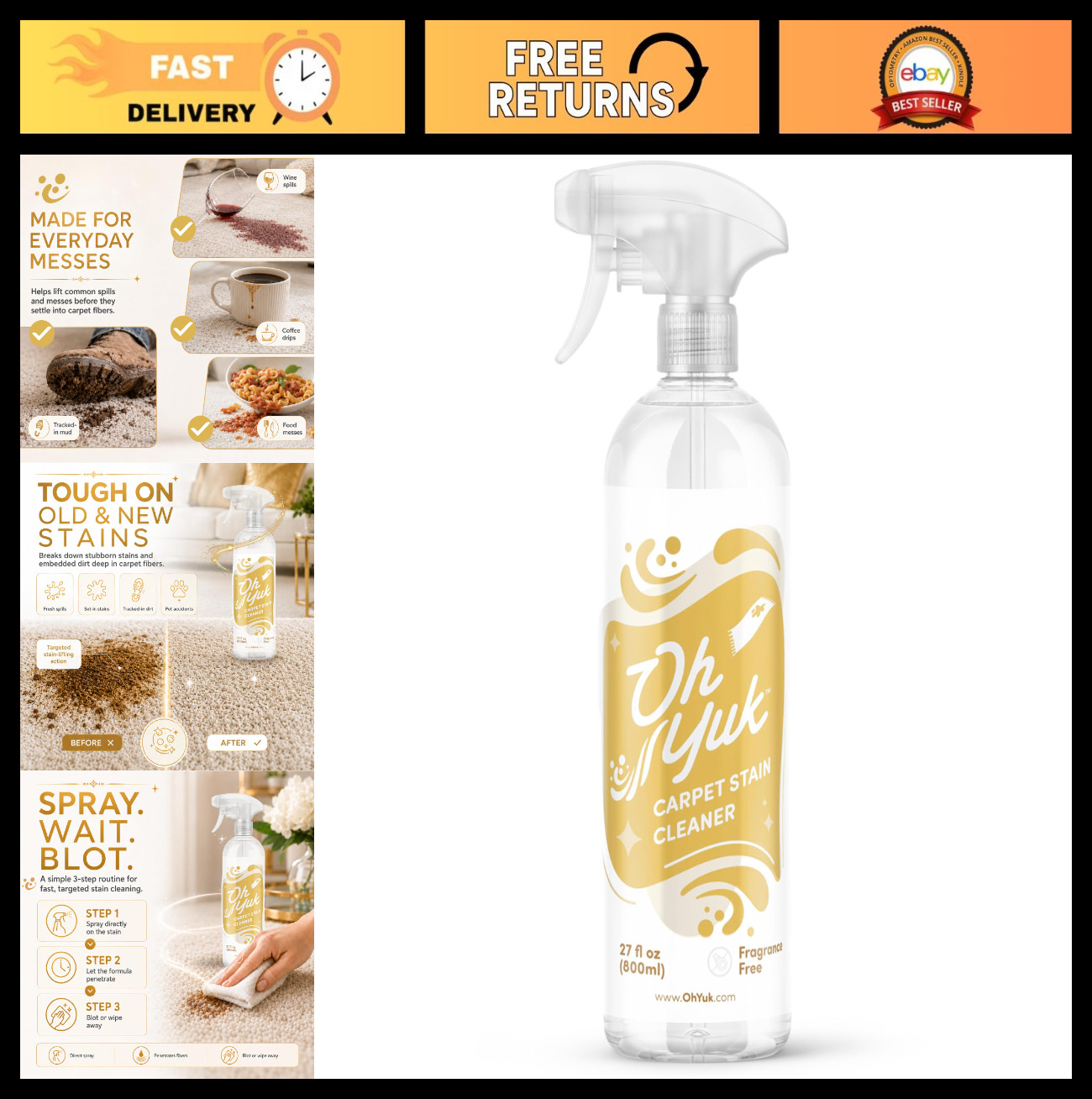 Instant Carpet Stain Remover Spray – Upholstery & Rug Cleaner for Spots & Old St