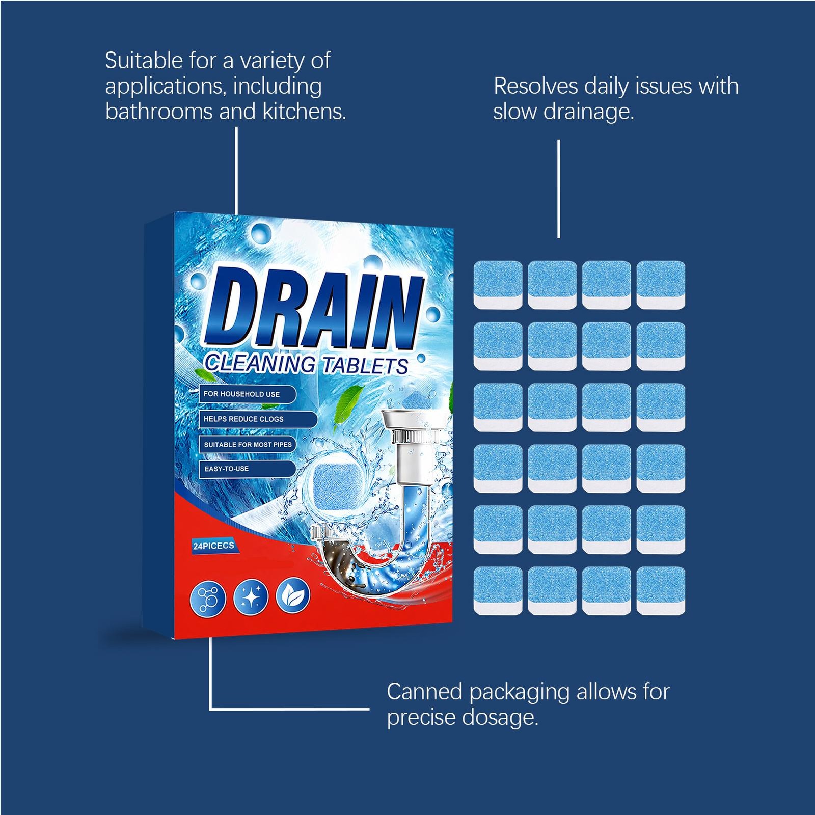 Drain Cleaner Tablets 24 Pieces Powerful Safe Prevents Clogs Household Sinks