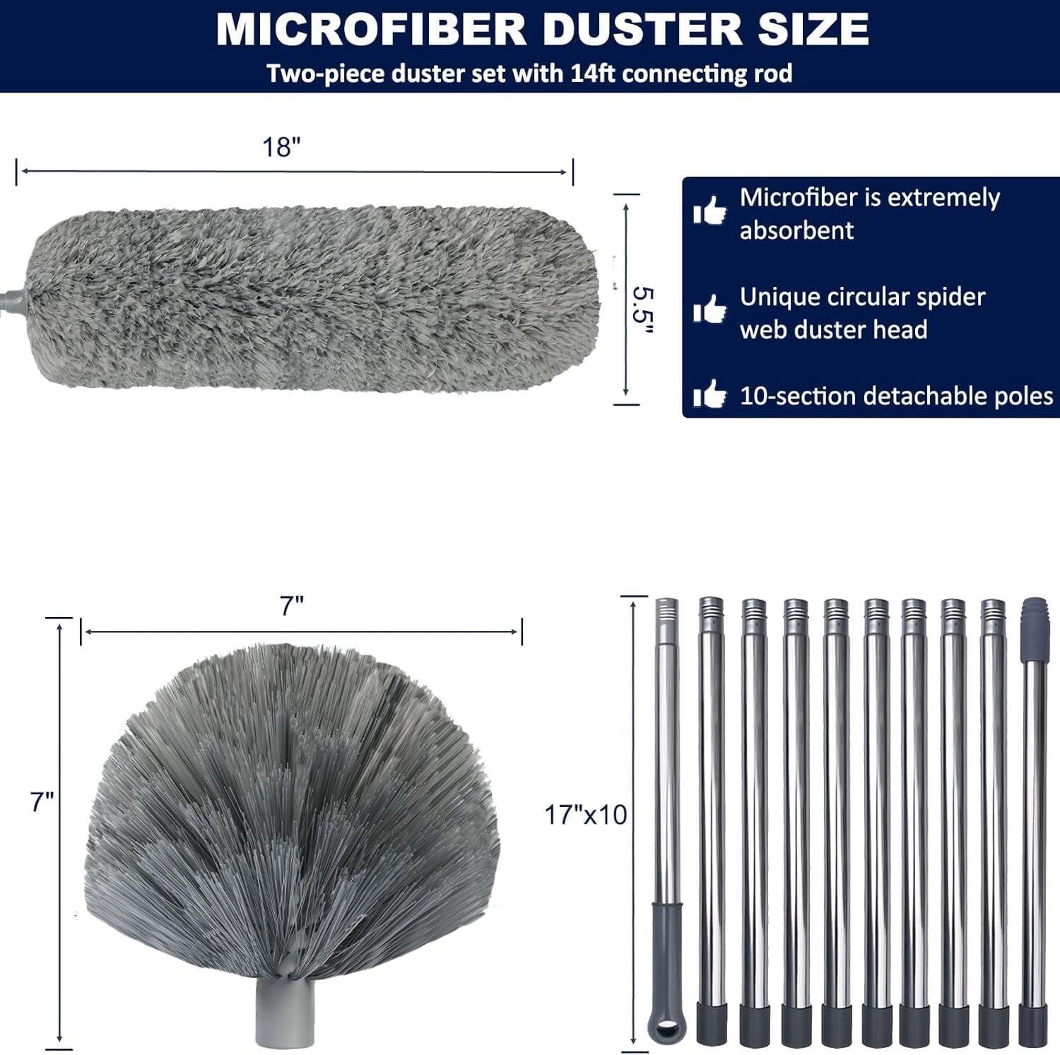 20 Ft+ High Reach Grey Cobweb Duster with 3-14 ft Extension Pole, Webster Cobweb