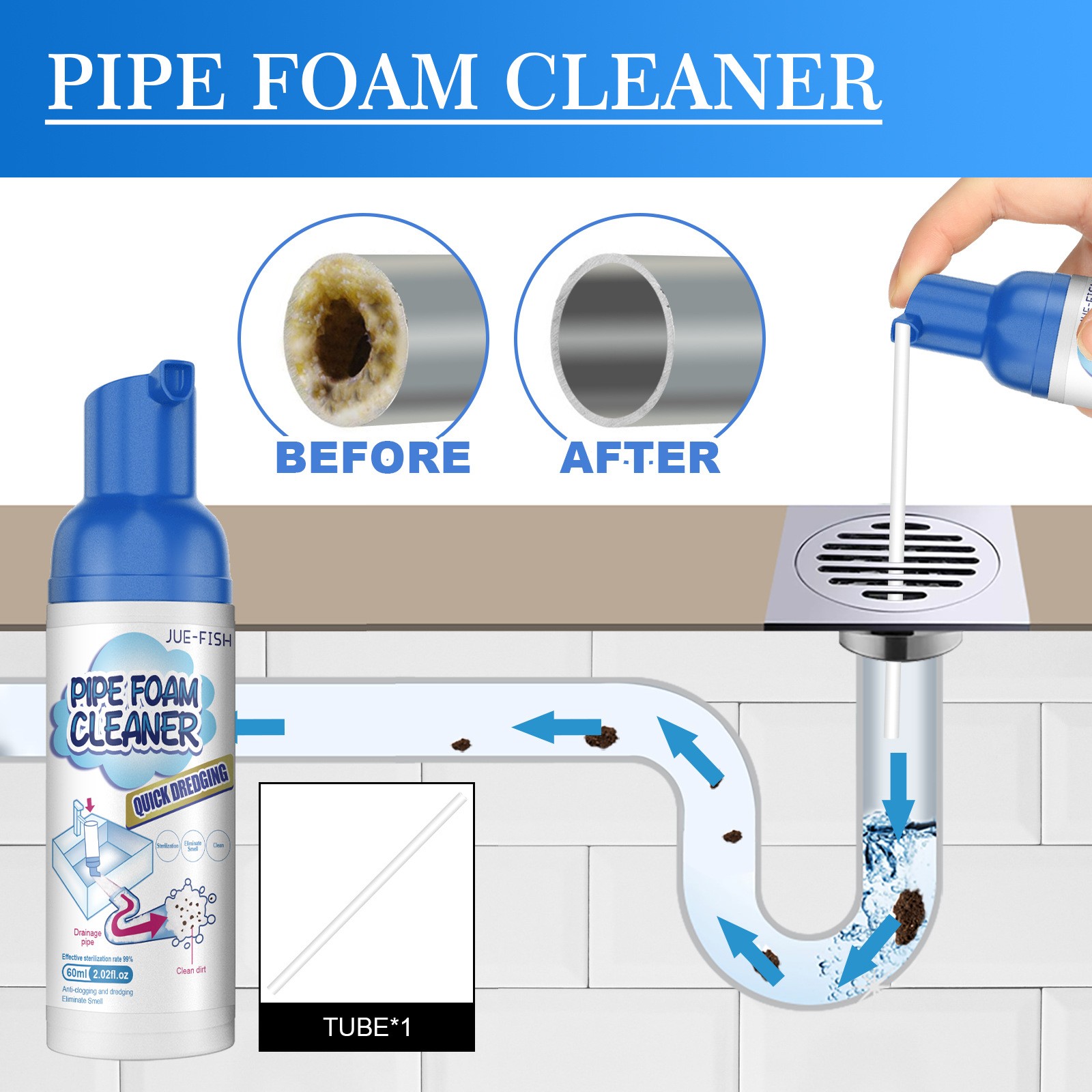 Foaming Drain Cleaner,For Bathroom Kitchen Sink Overflow Fast Clog Removal 60ml