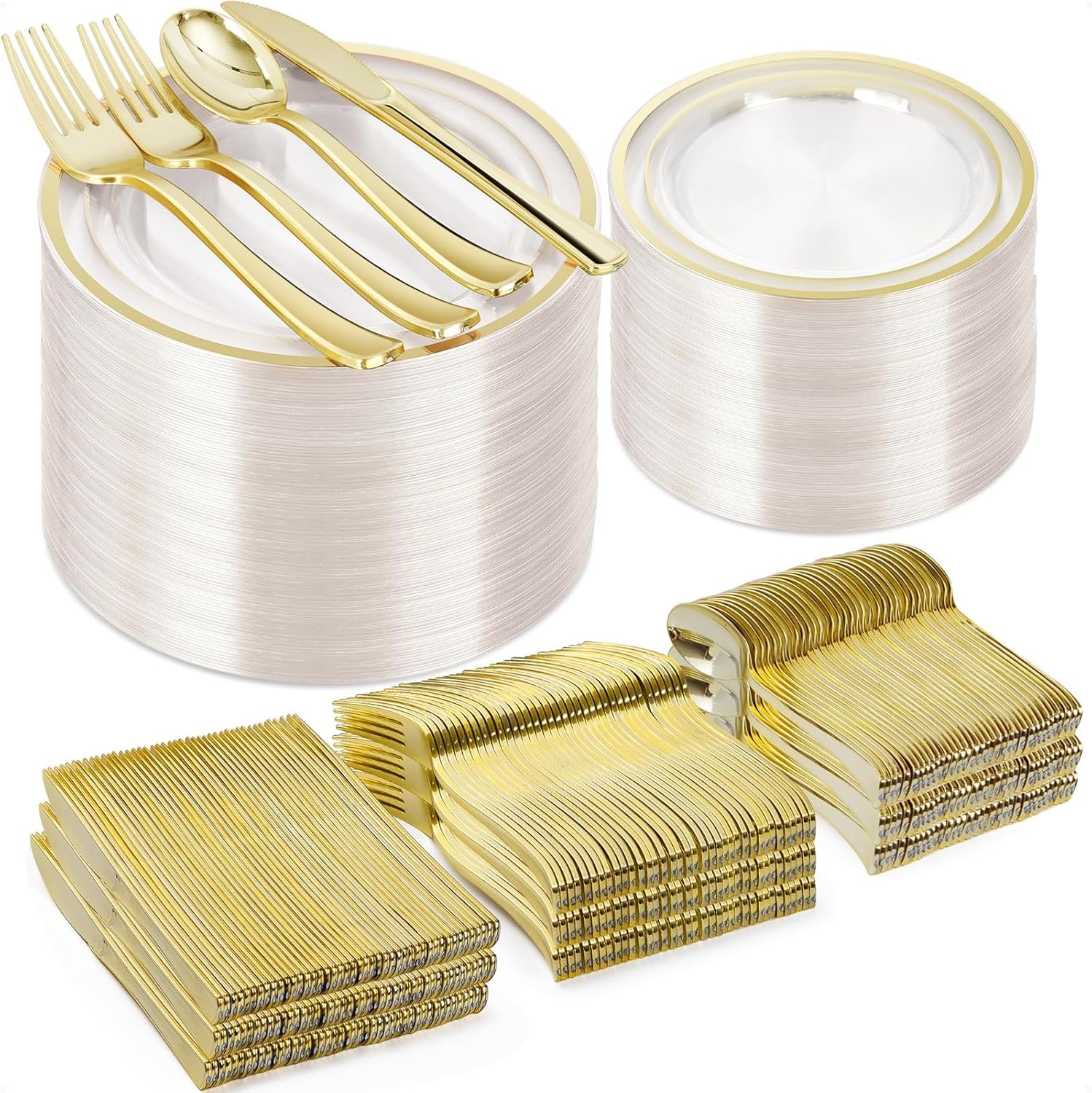BESTVIP 600PCS Clear Gold Plastic Plate Set (100 Guests), Plastic Plates for P