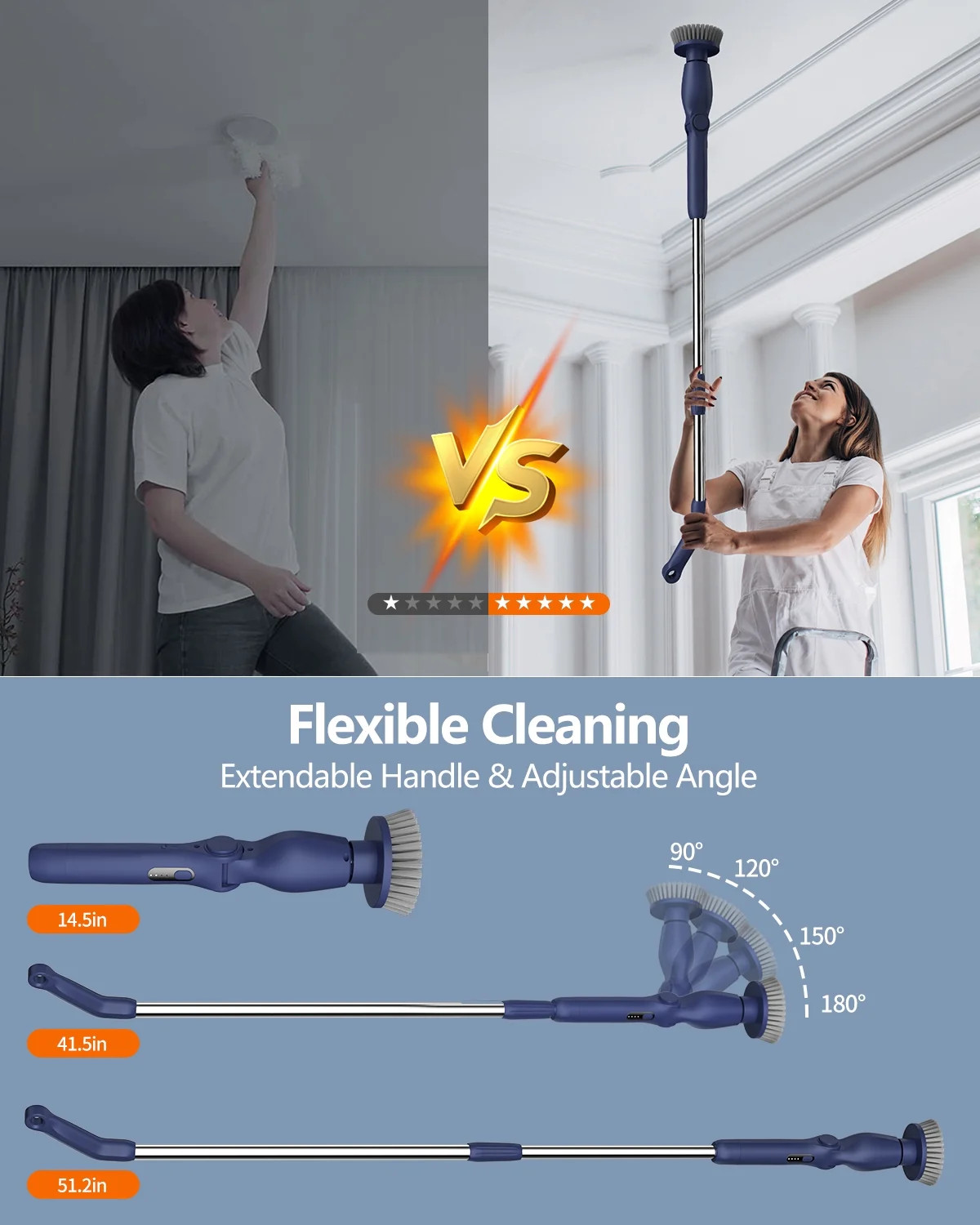 Cordless Electric Spin Scrubber Bath Tub Power Scrubber Long Handle Brush Heads