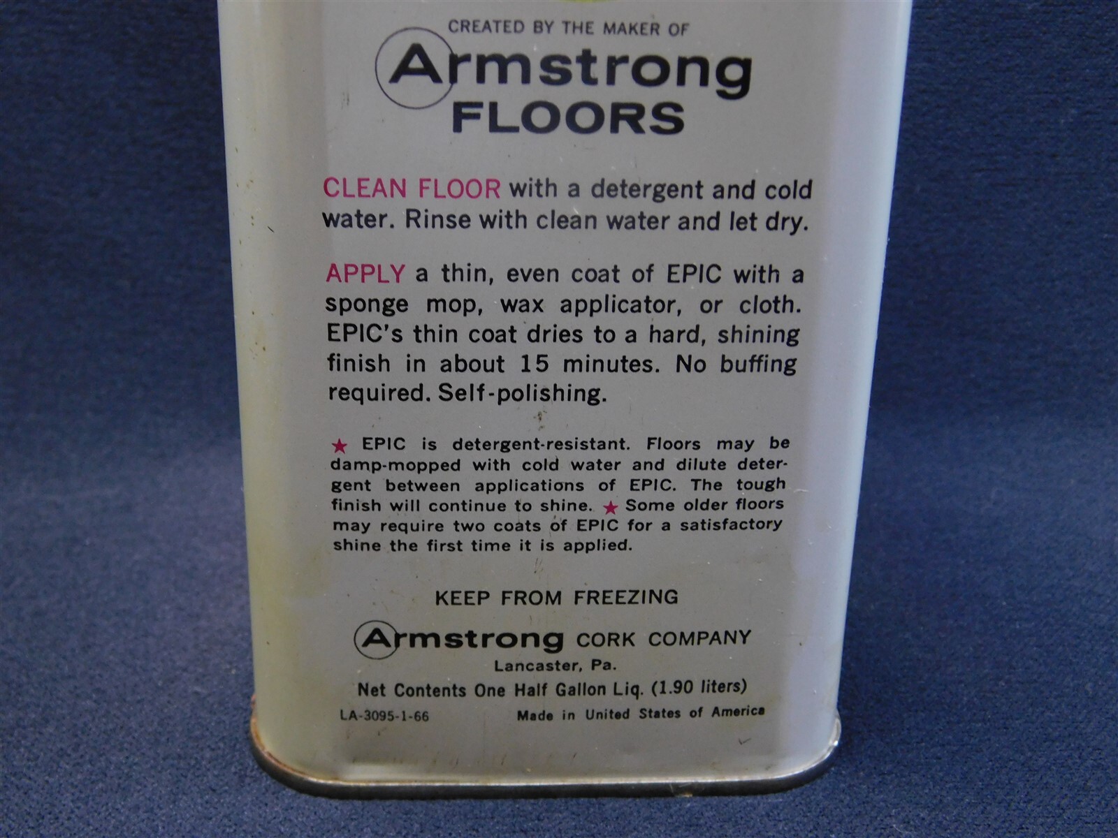Vintage EPIC By Armstrong Self Polishing Floor Wax One Half Gallon Can Full Prop