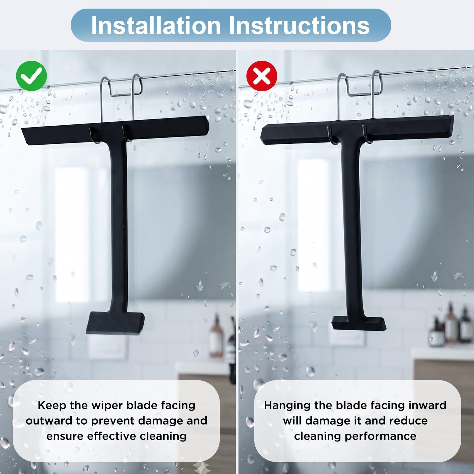 Silicone Shower Squeegee for Glass Doors & Windows – All-in-One with Hook, Easy