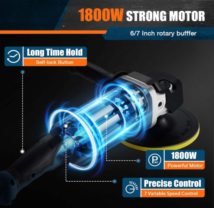 Pulidora Rotativa 1800W 6″/7″ 6 Velocidades 750-3100RPM Auto Barco Piso, Nuevo