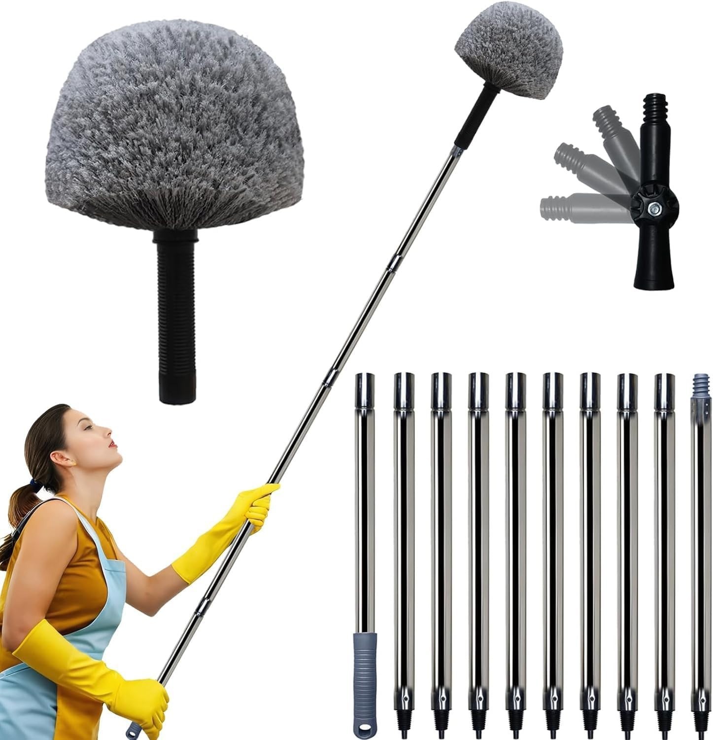 20Ft High Reach Cobweb Duster with Extension Pole Spider Web Brush Grey