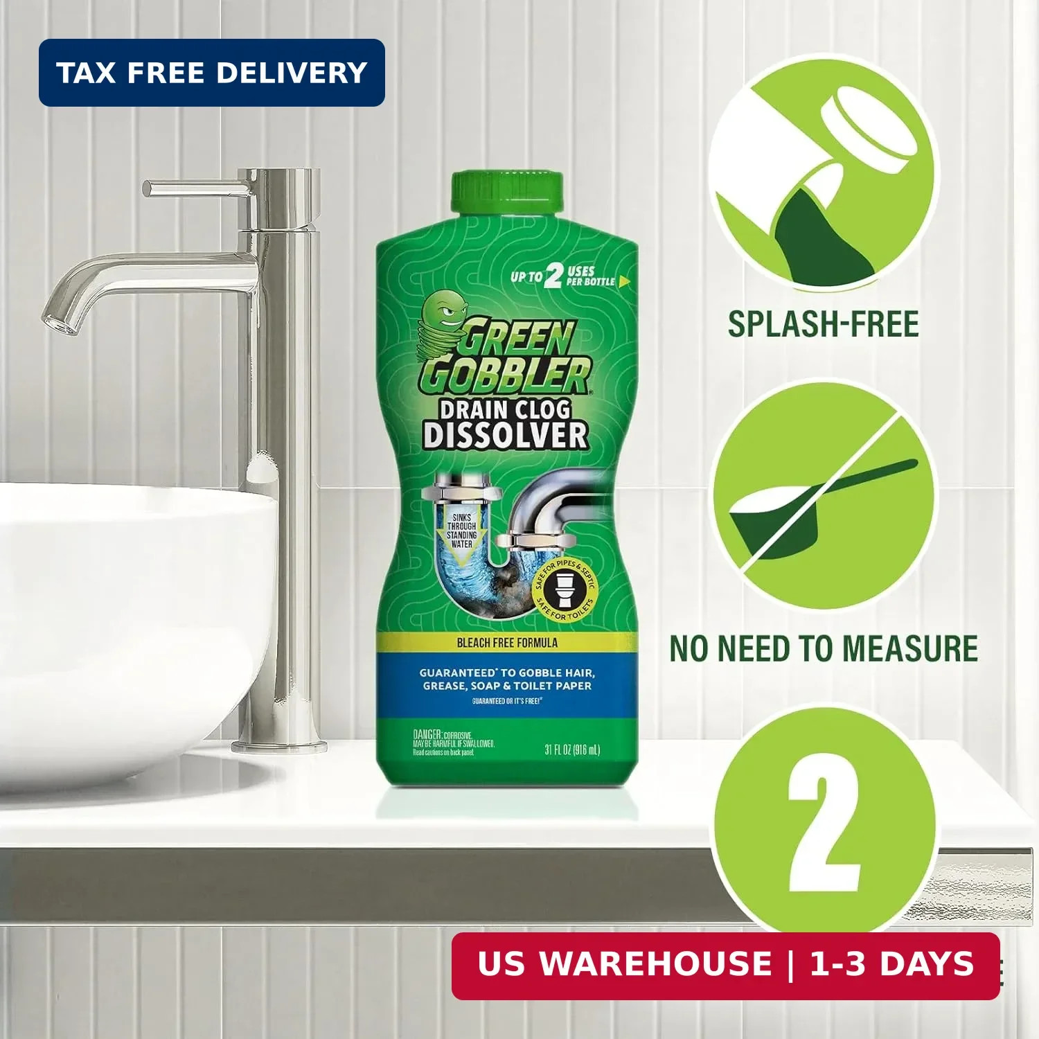 Green Gobbler Liquid Hair Drain Clog Remover & Cleaner, For Toilets, Sinks, Tubs