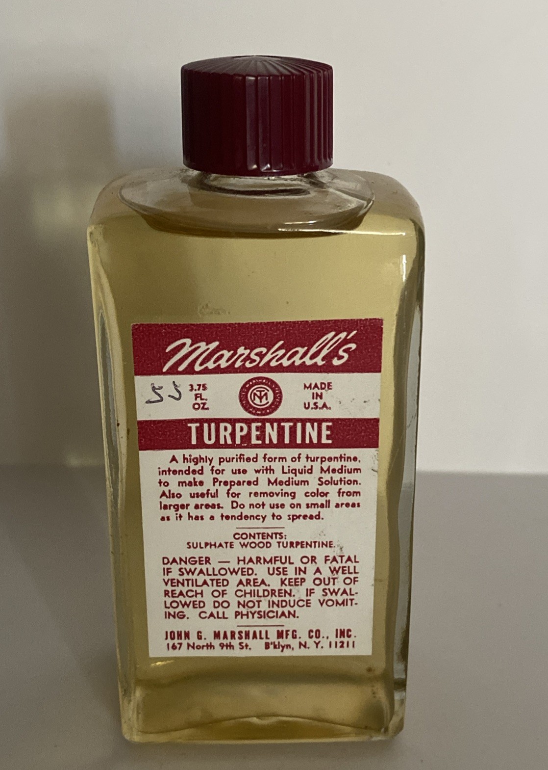 Vintage Marshall’s Turpentine Full Bottle 3.75 Fl Oz Art Paint Brush Cleaning