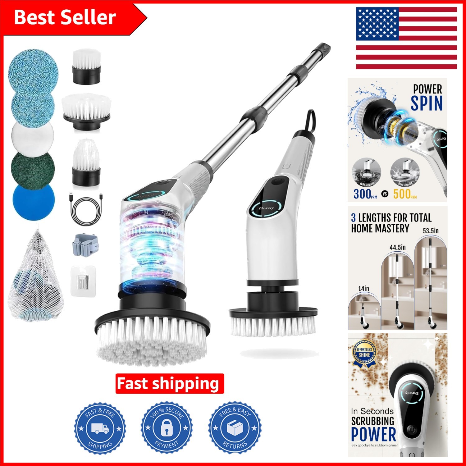 Electric Spin Scrubber with 8 Brush Heads & Adjustable Handle for Effortless …