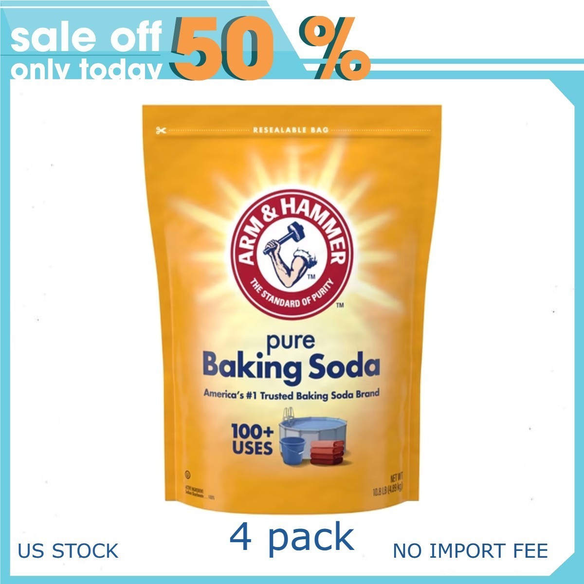 4P ARM & HAMMER Pure Baking Soda, for Baking, Cleaning & Deodorizing Pool 10.8lb