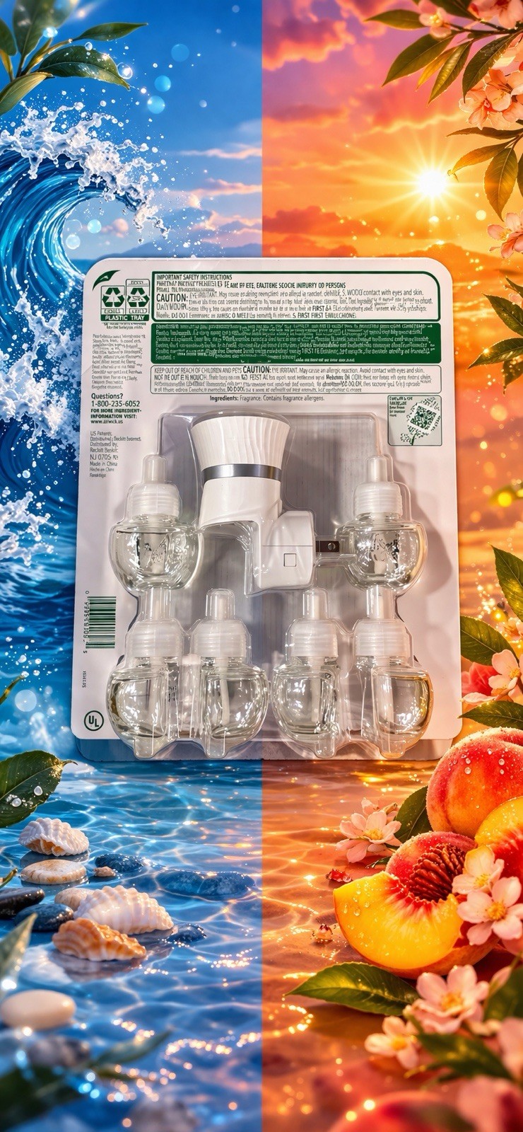 AIR WICK – 3 Calming Sea Spray & Breeze AND 3 Sweet Peach & Sunrise AND Plug-In