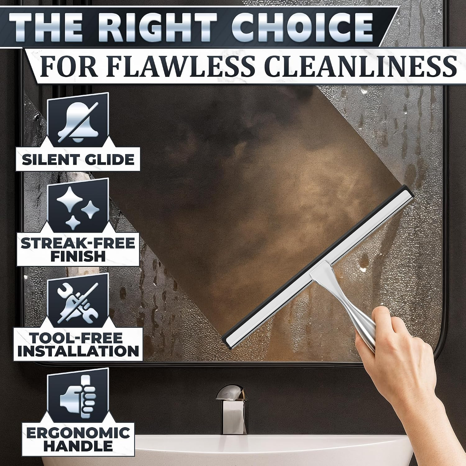 12″ Silver Shower Door Squeegee – Stainless Steel Shower Squeegee for Streak-Fre