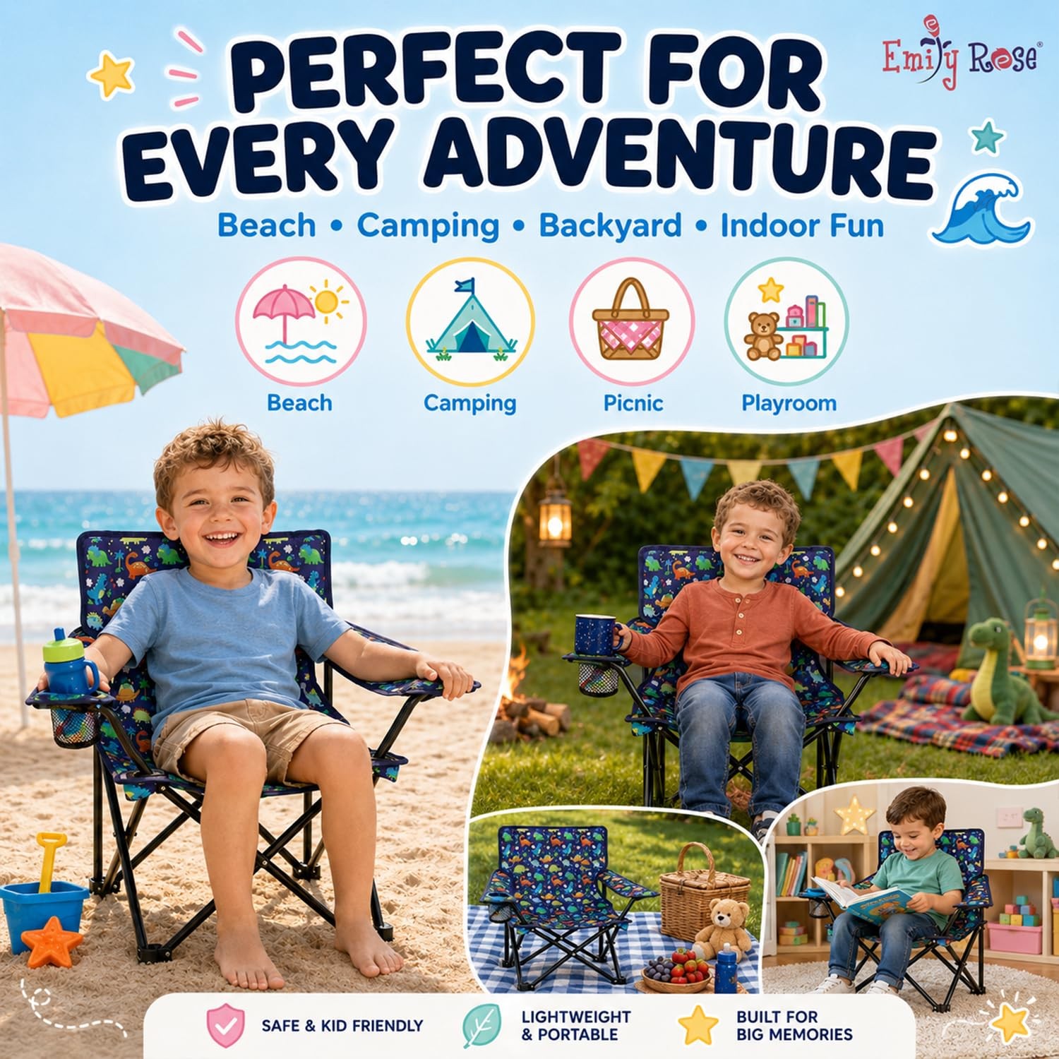 Playful Dinosaurs Kids Folding Camp Chair – Lightweight Portable Toddler Beac…