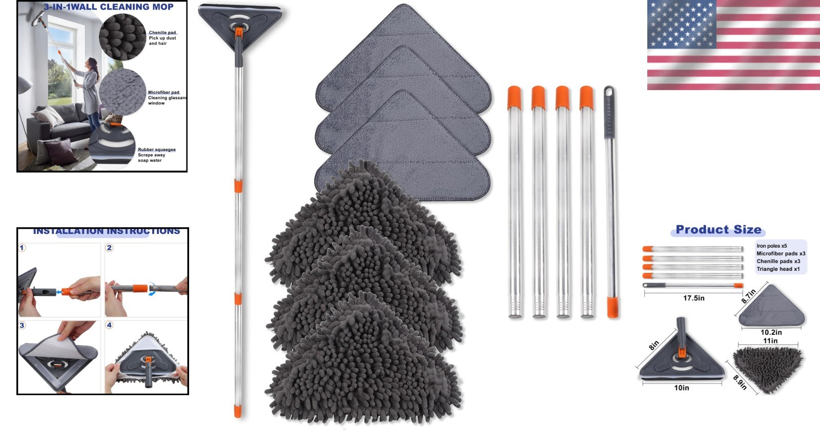 Wall Cleaner Mop with Long Handle 79 Inches 360° Swivel Microfiber Pads