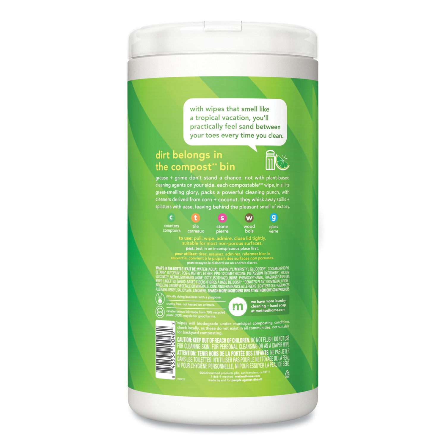 All Purpose Cleaning Wipes, 1 Ply, Lime and Sea Salt, White, 70/Canister, 6/Cart