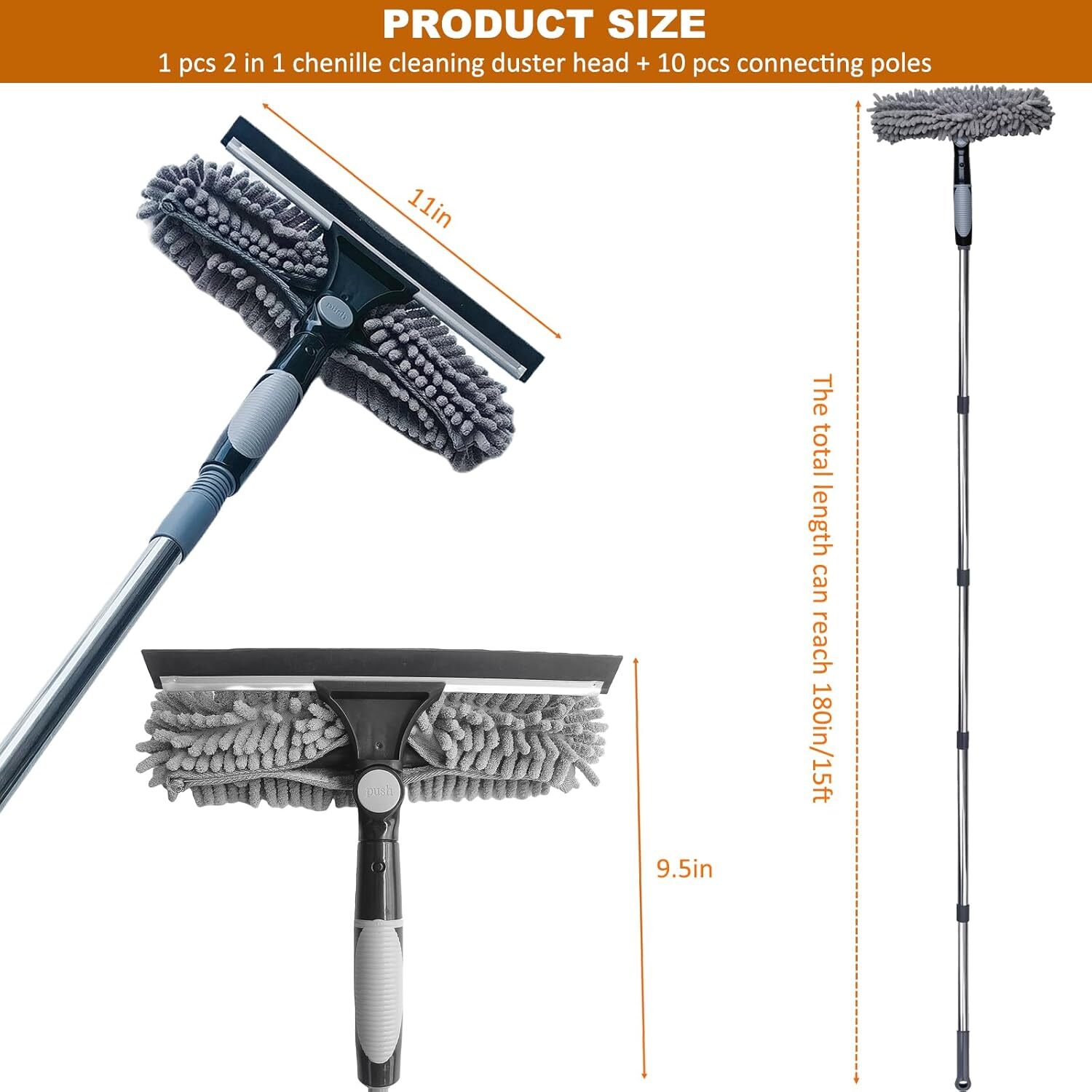 2 in 1 Rotatable Squeegee Window Cleaning Duster with 3-14 Ft Spliceable Extensi