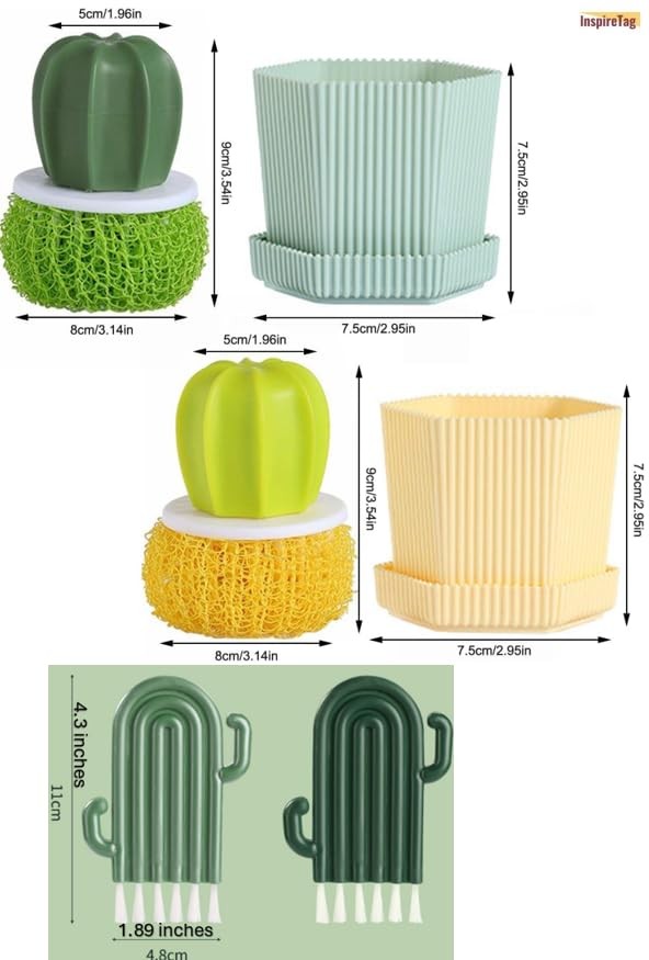 INSPIRETAG Kitchen Cleaning Brush Set with Holder & Drip Tray – 3 Head Cactus…