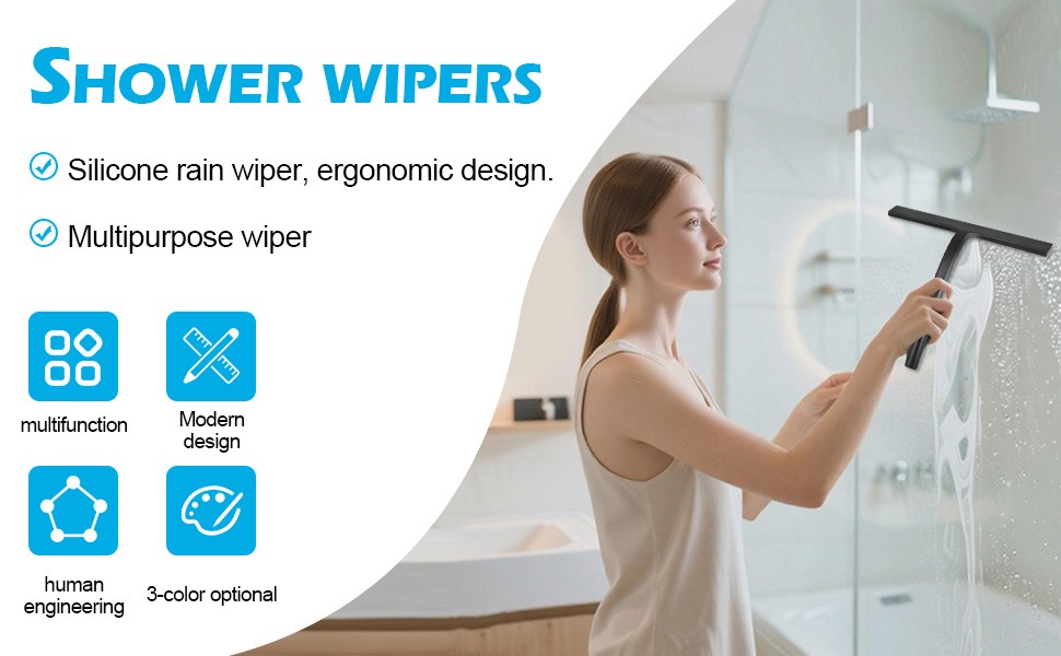 Shower Squeegee for Glass Doors, Mirror Window Tile Scrubber Cleaner with Hook