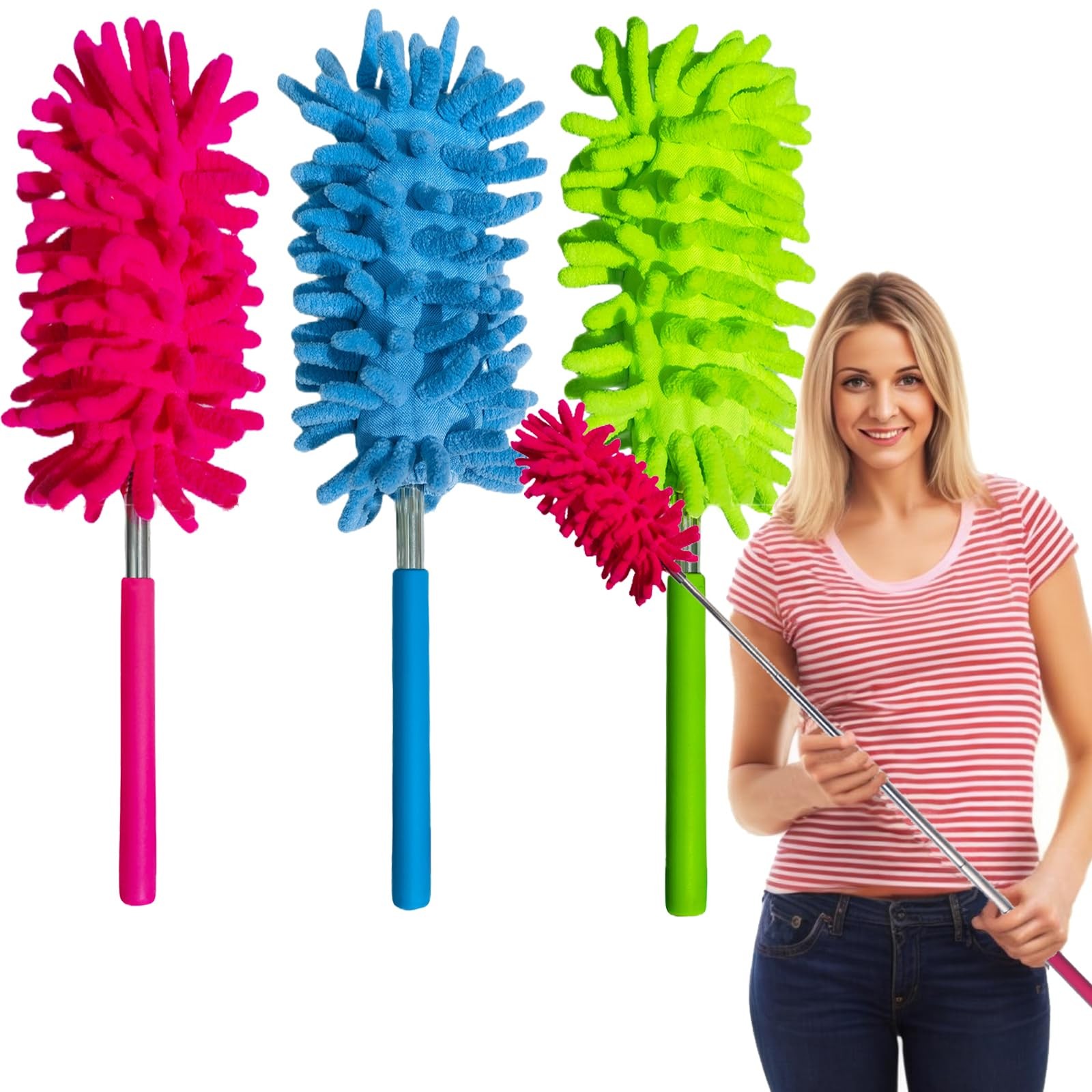 3 Pack Retractable Long-Reach Washable Duster for Cleaning, Microfiber Hand D…