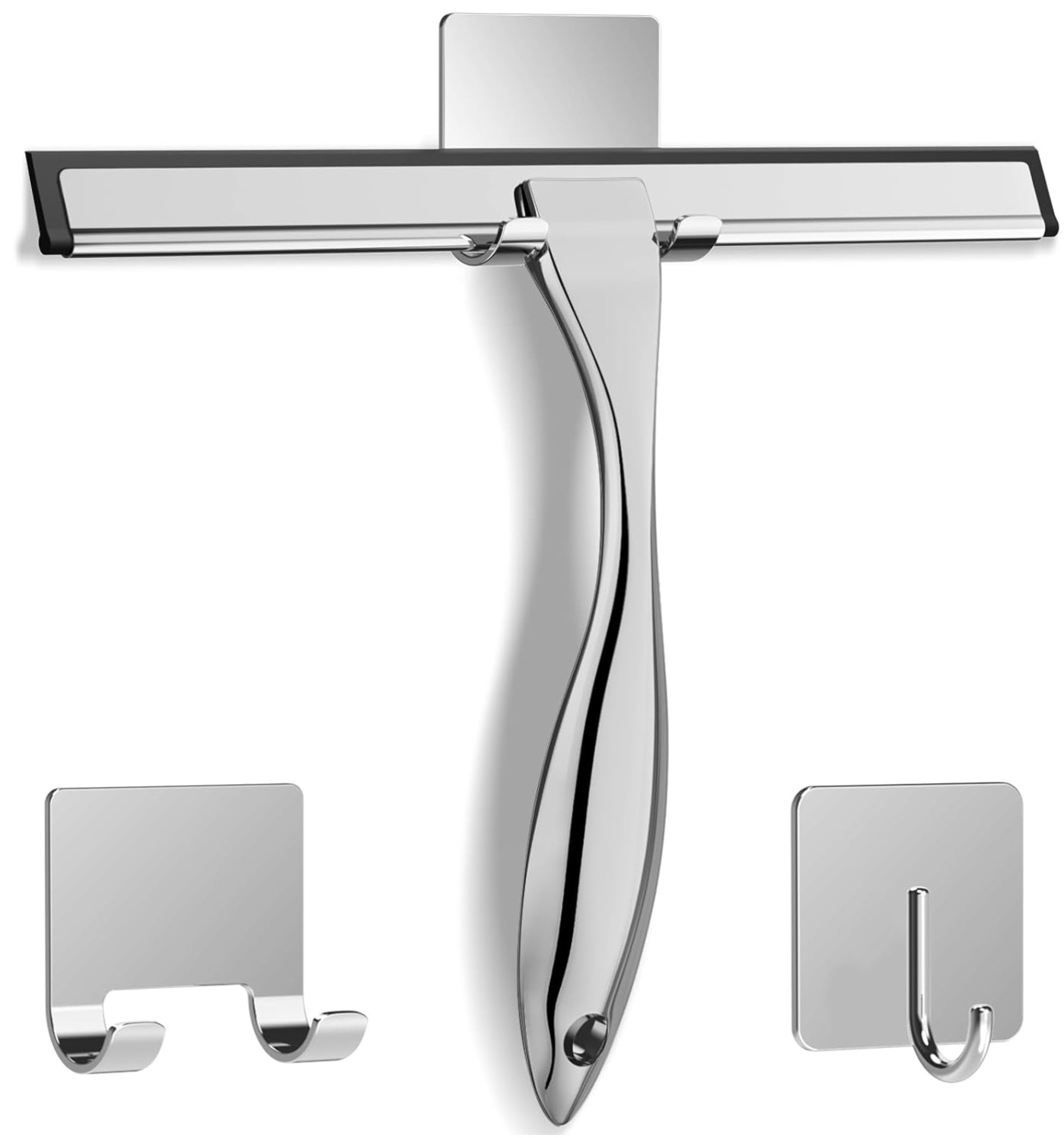 Stainless Steel Shower Squeegee w Hooks for Glass Mirror Tile 10in