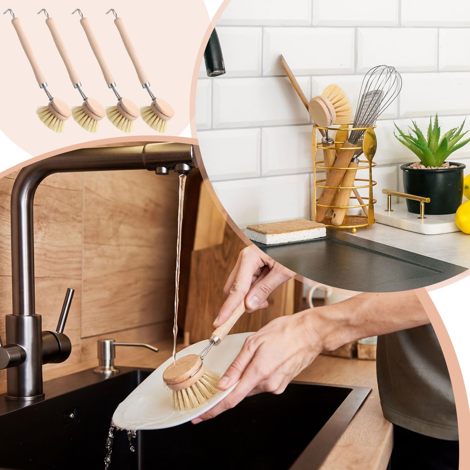 10 PCS Kitchen Dish Brush Beechwood Handle Natural Fiber Bristles 2 Inch Head