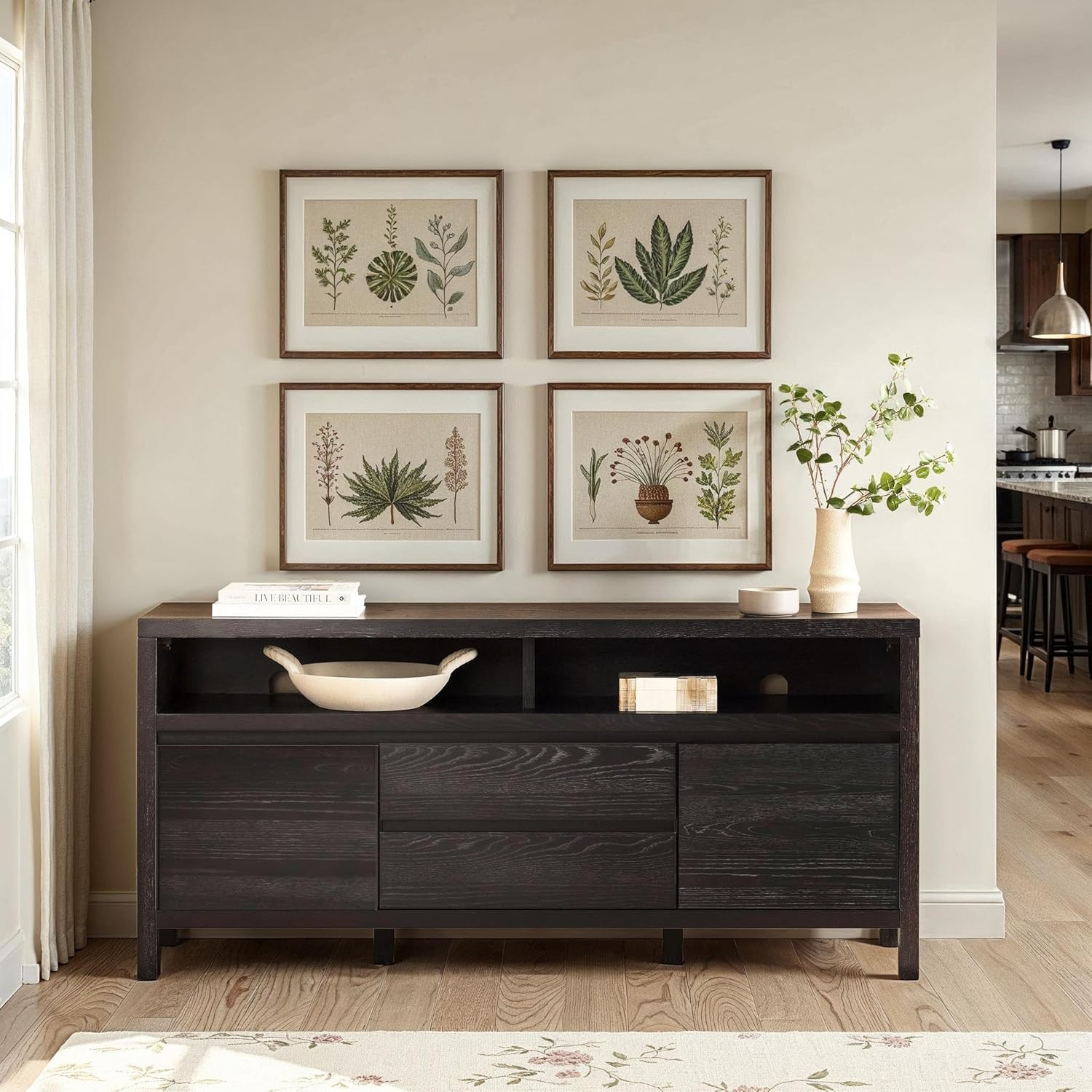 Rustic Solid Oak Wood Sideboard with Storage – 65″ Modern Farmhouse Design