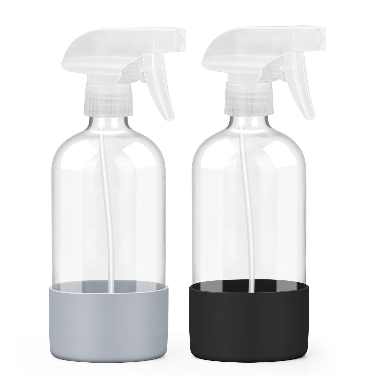 2 Pack 16 oz Glass Spray Bottles with Silicone Sleeve, Adjustable Nozzles for Ha