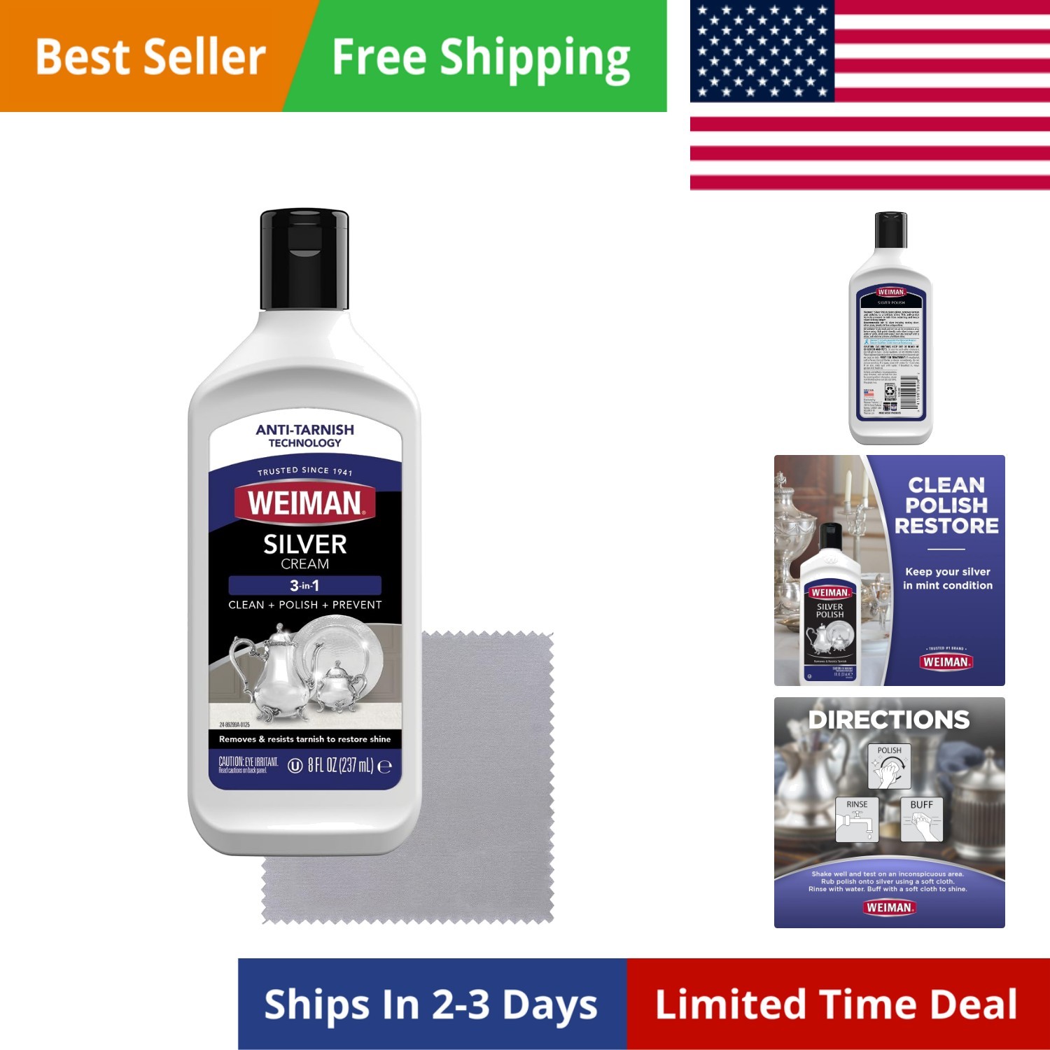 Silver Cream Cleaner 3-in-1, Anti-Tarnish Technology, Safely Clean, Polish, S…