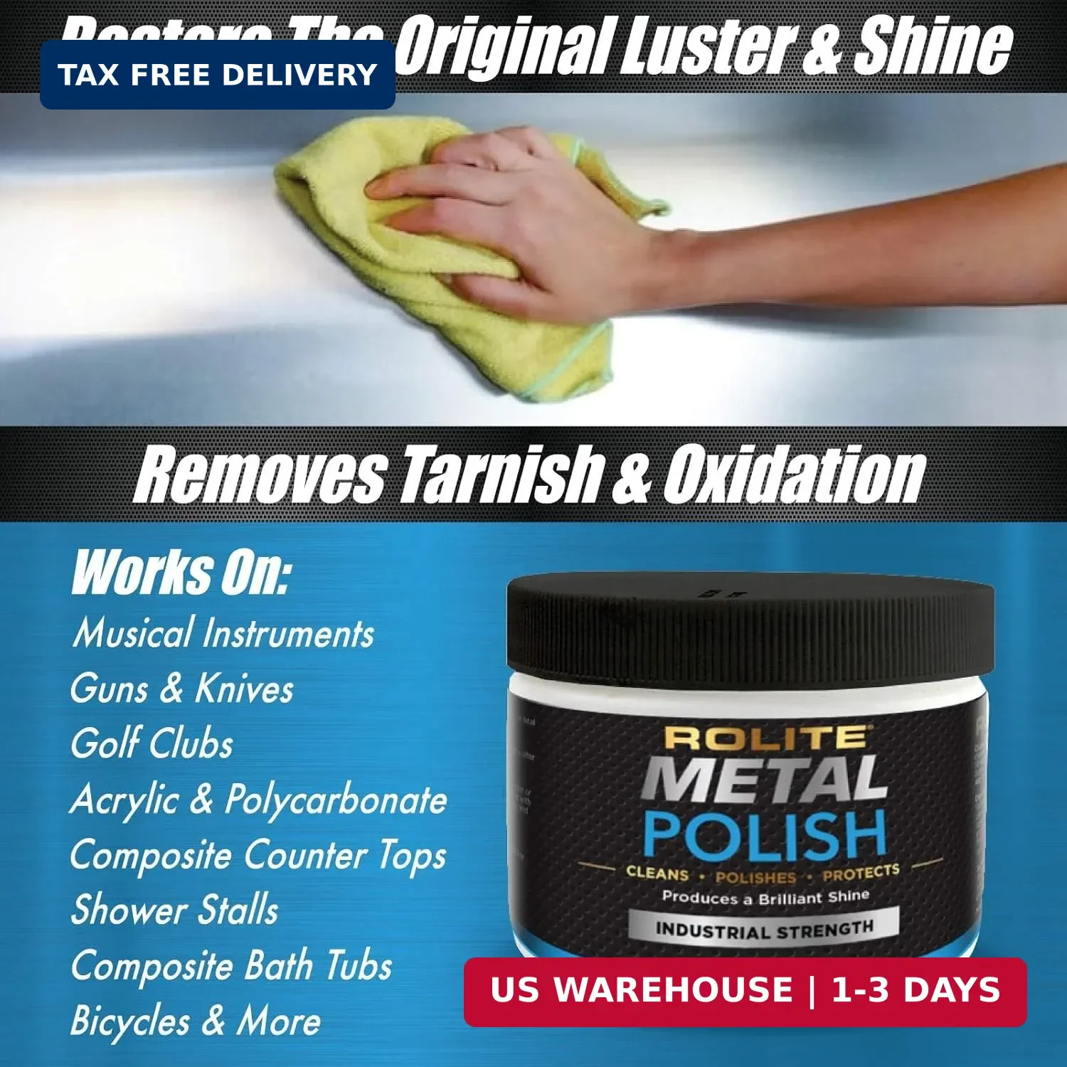 Rolite Metal Polish Paste, 4.5 oz, Industrial Strength Scratch Remover & Cleaner