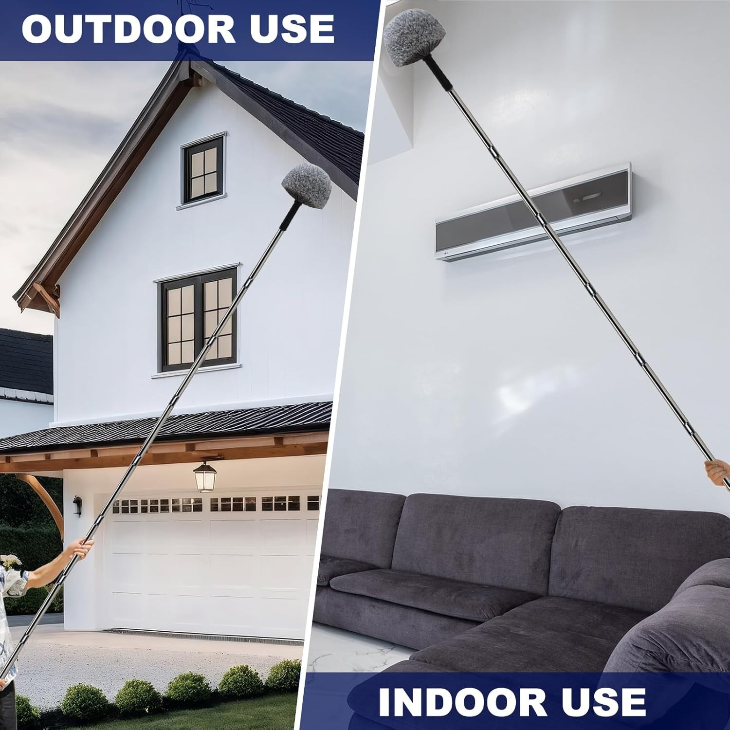 20Ft High Reach Cobweb Duster with Extension Pole Spider Web Brush Grey