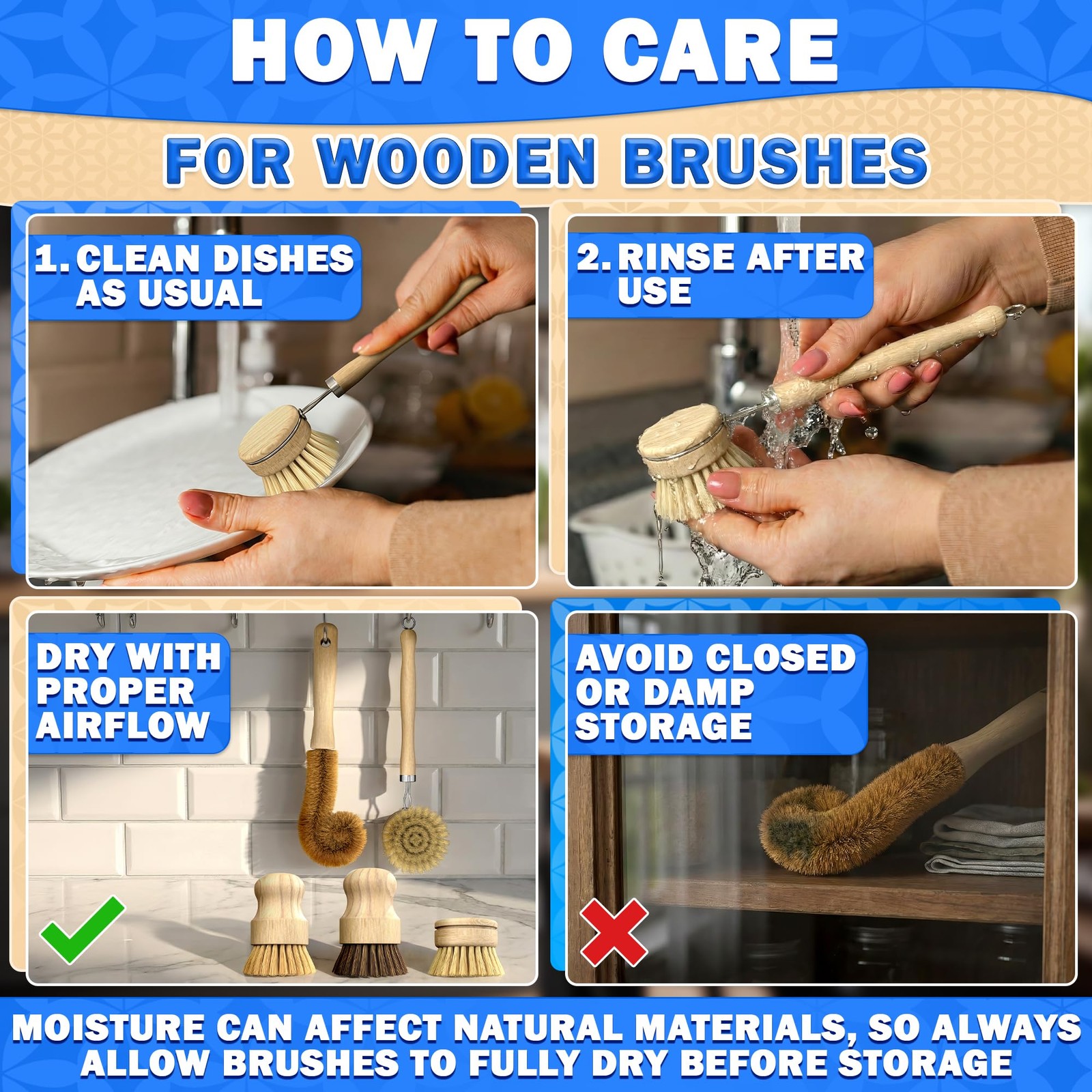 5 Pcs Bamboo Dish Brush Set â€“ Bamboo Dish Scrubber with Soft & Stiff Non-Scra