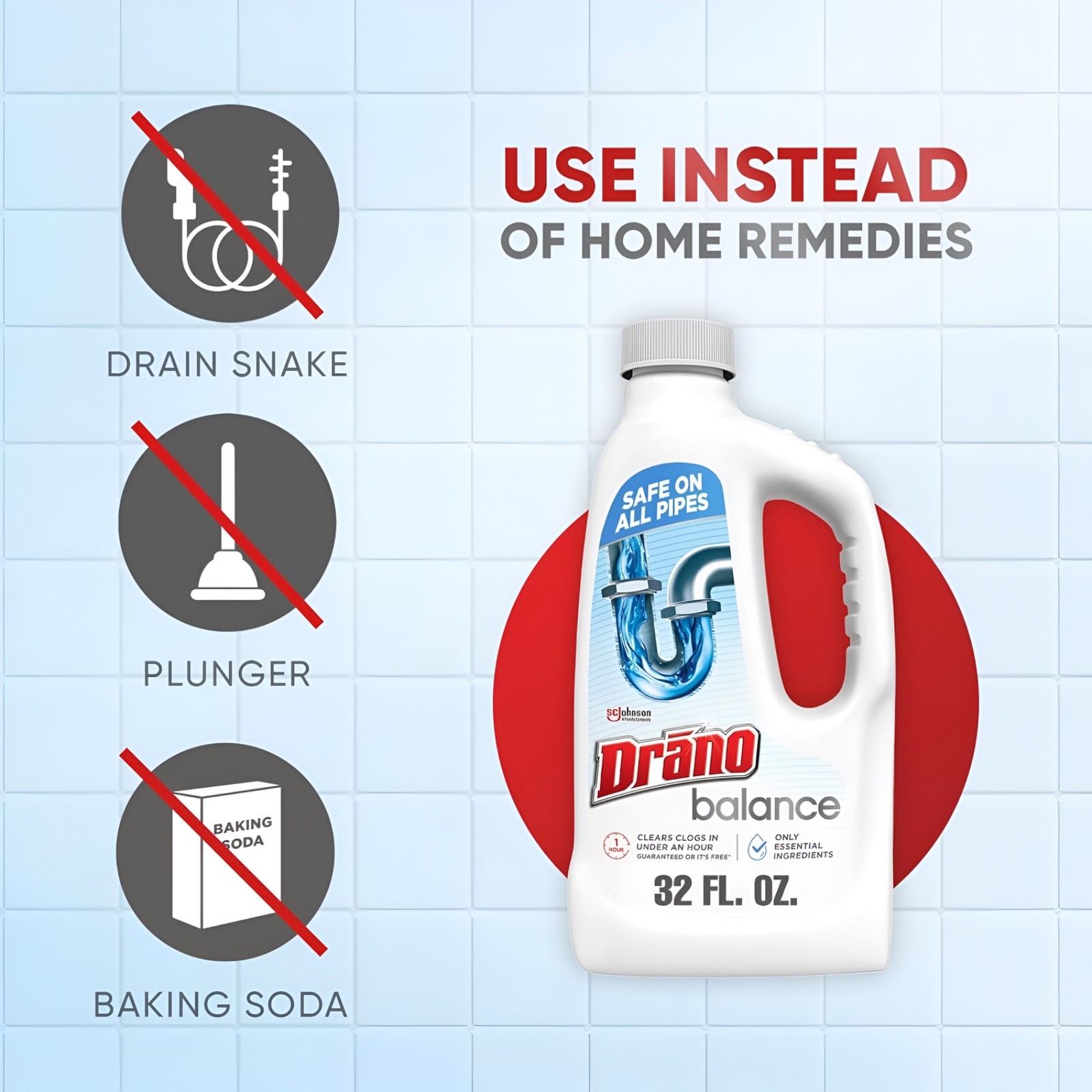 Drano Balance Drain Clog Remover & Cleaner – Non-Corrosive Formula (Safe on All)