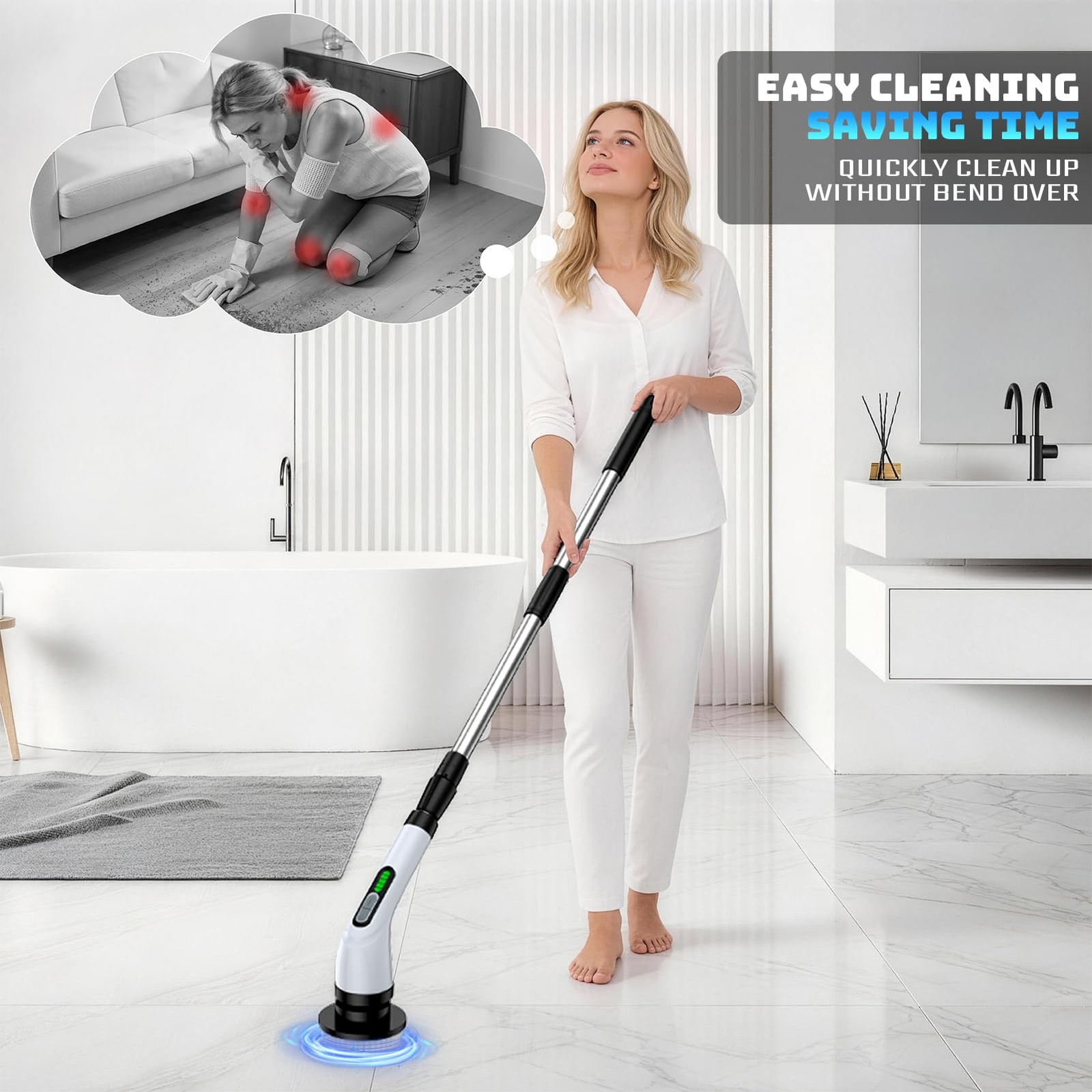 Electric Spin Scrubber, 2Speed Cleaning Brush, Extendable Handle White