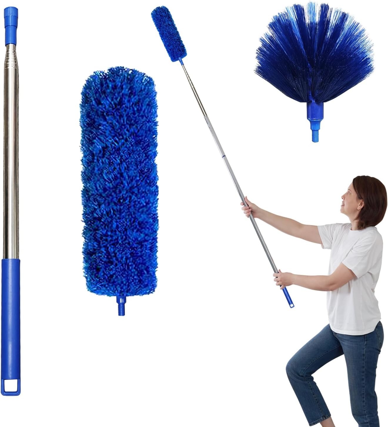 Extendable 100 Inch Ceiling Duster Kit Spider Web Brush with 2 Washable Heads