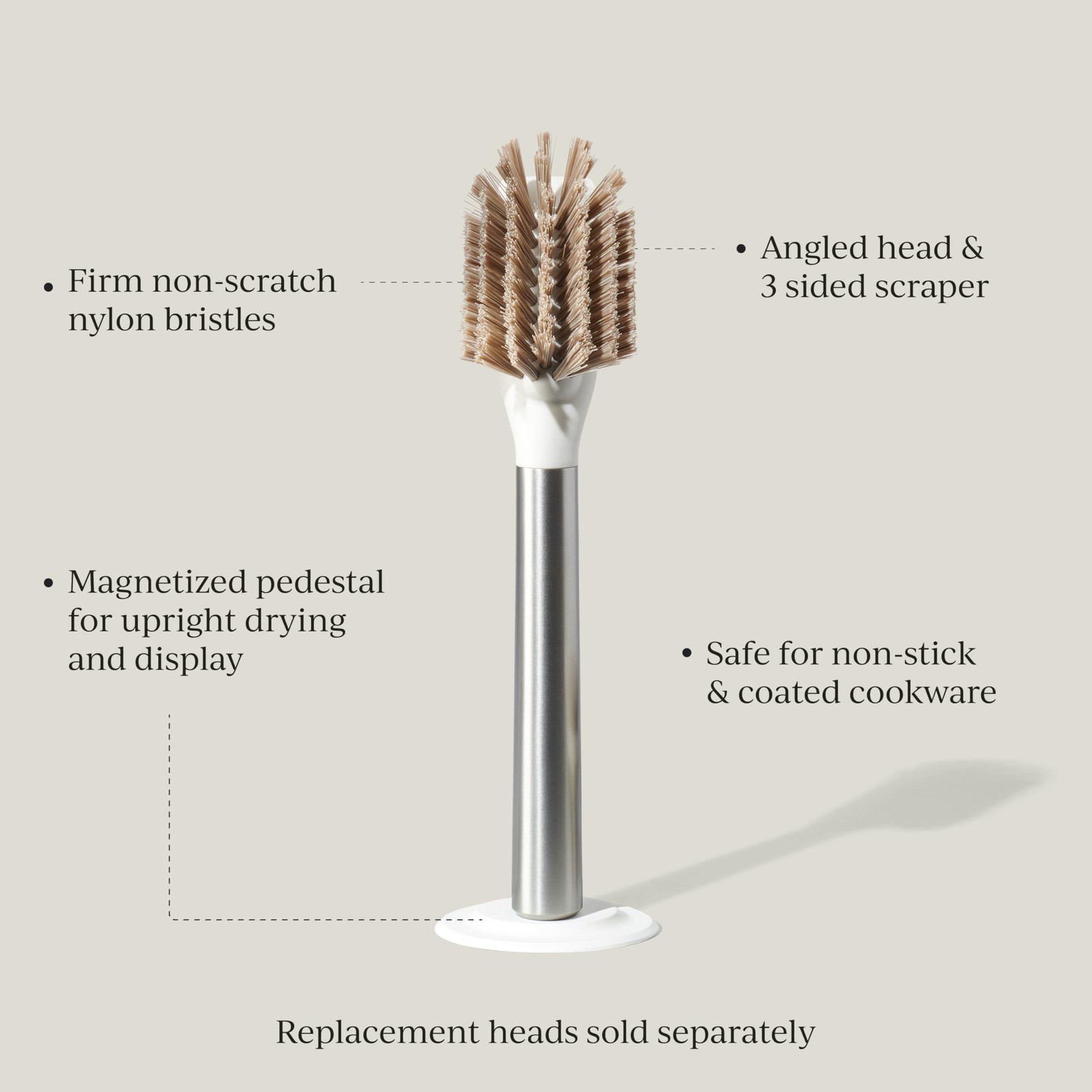 Dish Brush Ionic Magnetized To Stand Upright Stainless Steel Replaceable Head