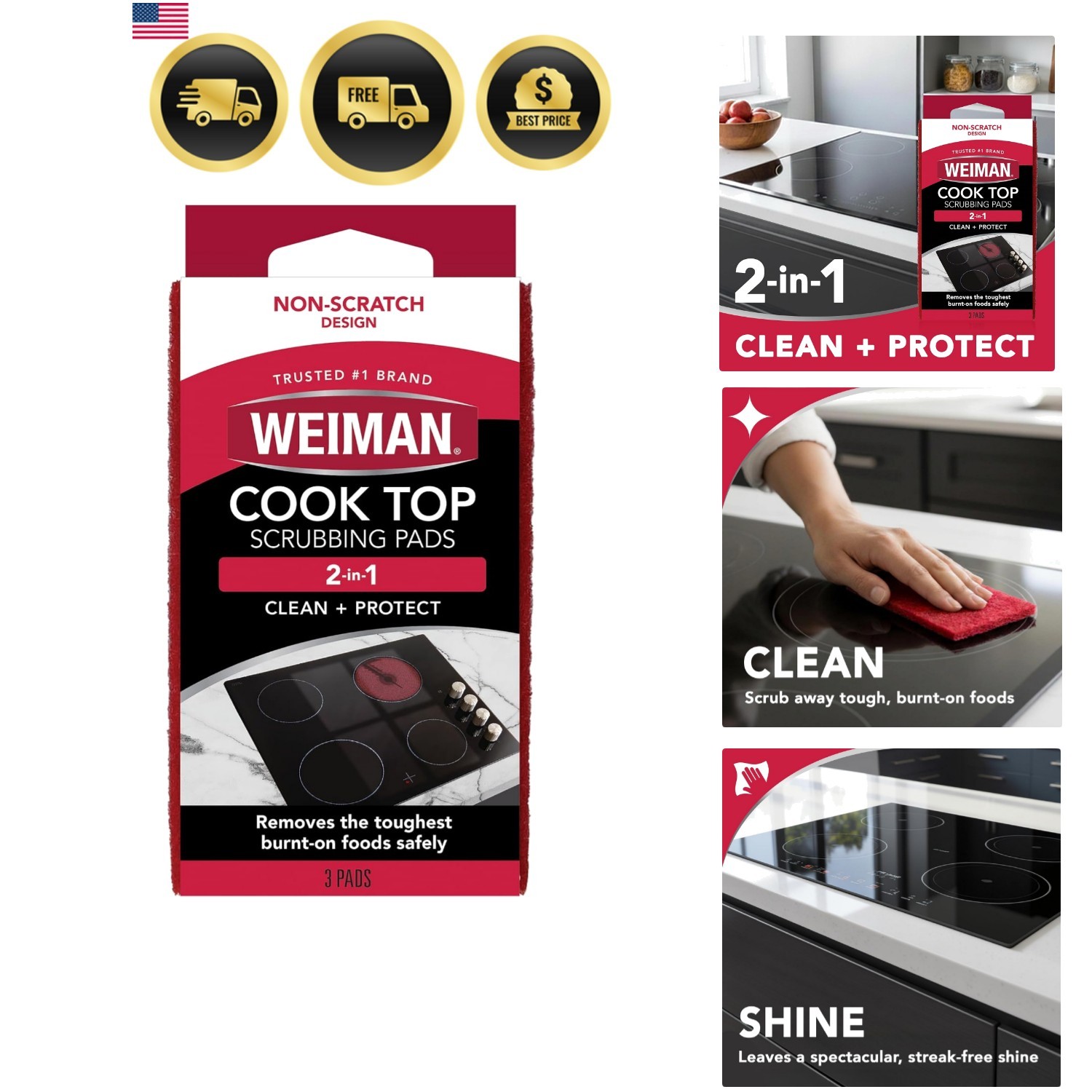 Cooktop Scrubbing Pads, 3 Count Scratch-Free Cleaning Pads for Cermaic, Glass…