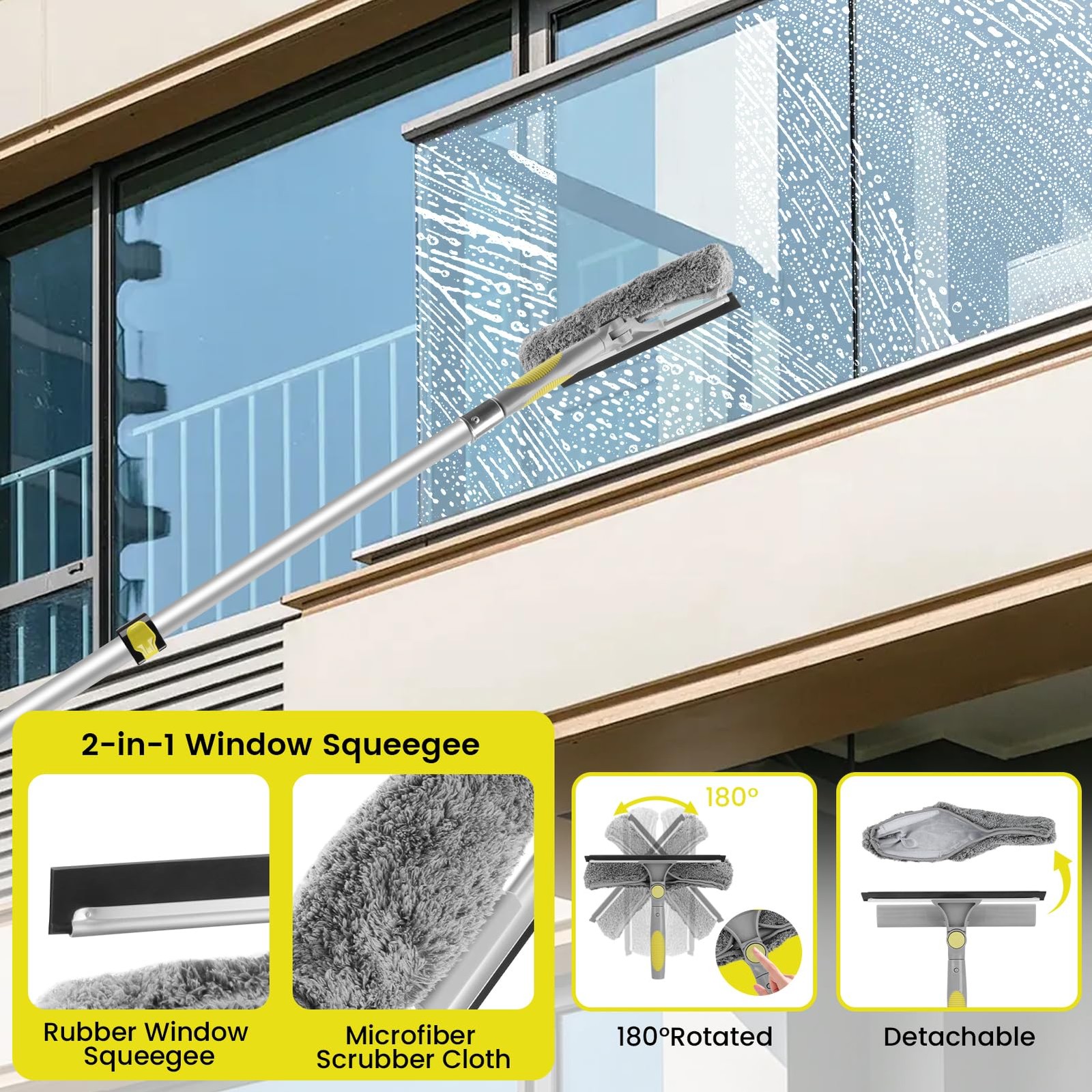 Window Squeegee with Extension Pole, 26FT Reach Squeegee for Window Cleaning,…