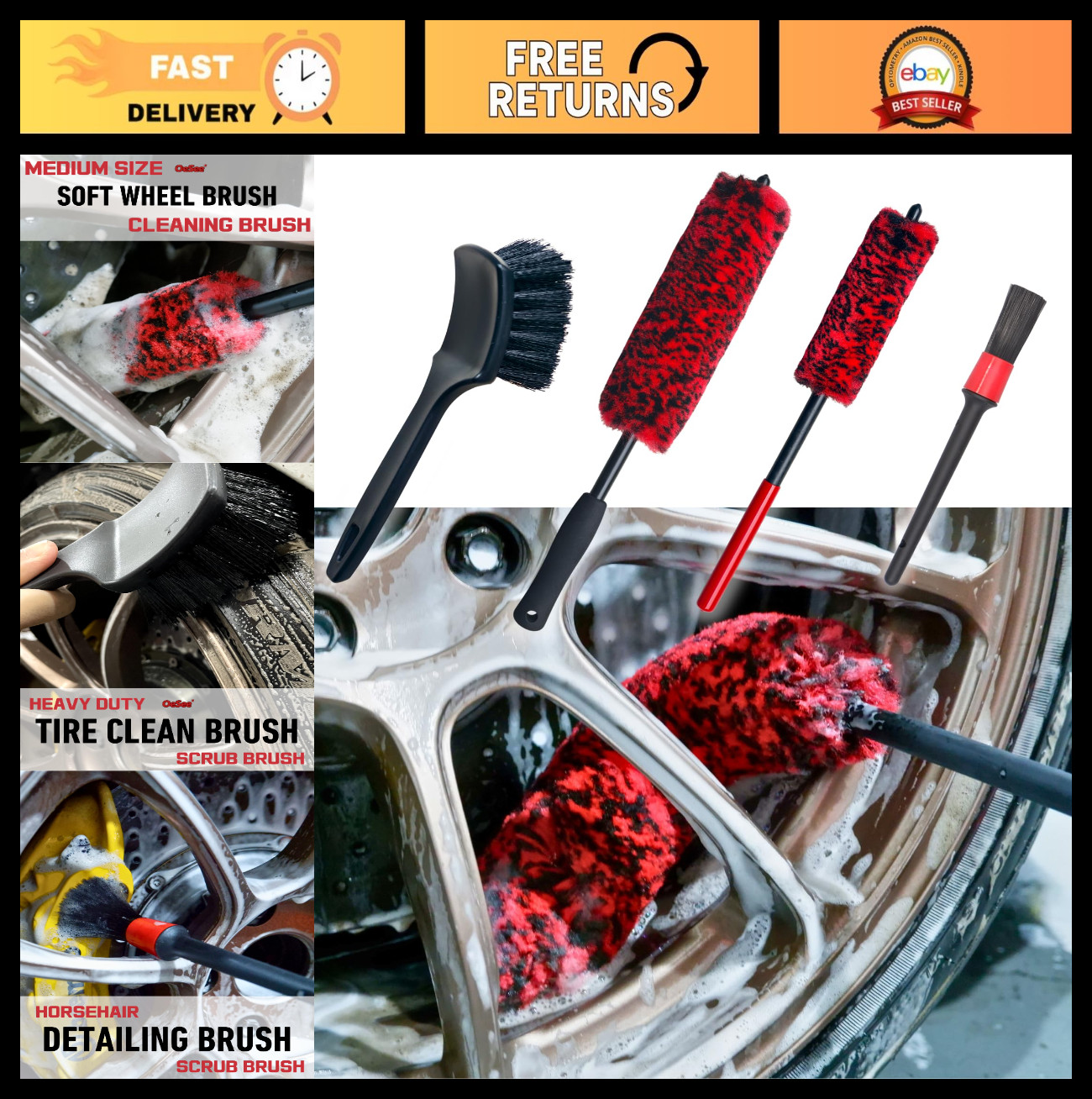 4 Pack Long Handle Wheel Brush Kit – Soft & Stiff Tire Cleaning Brushes, Durable
