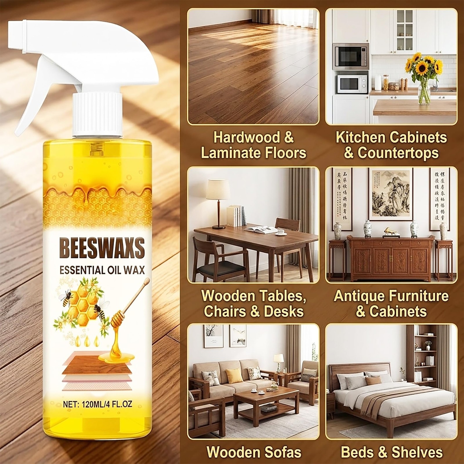 Natural Beeswax Wood Polish Spray with Sponge & Towel