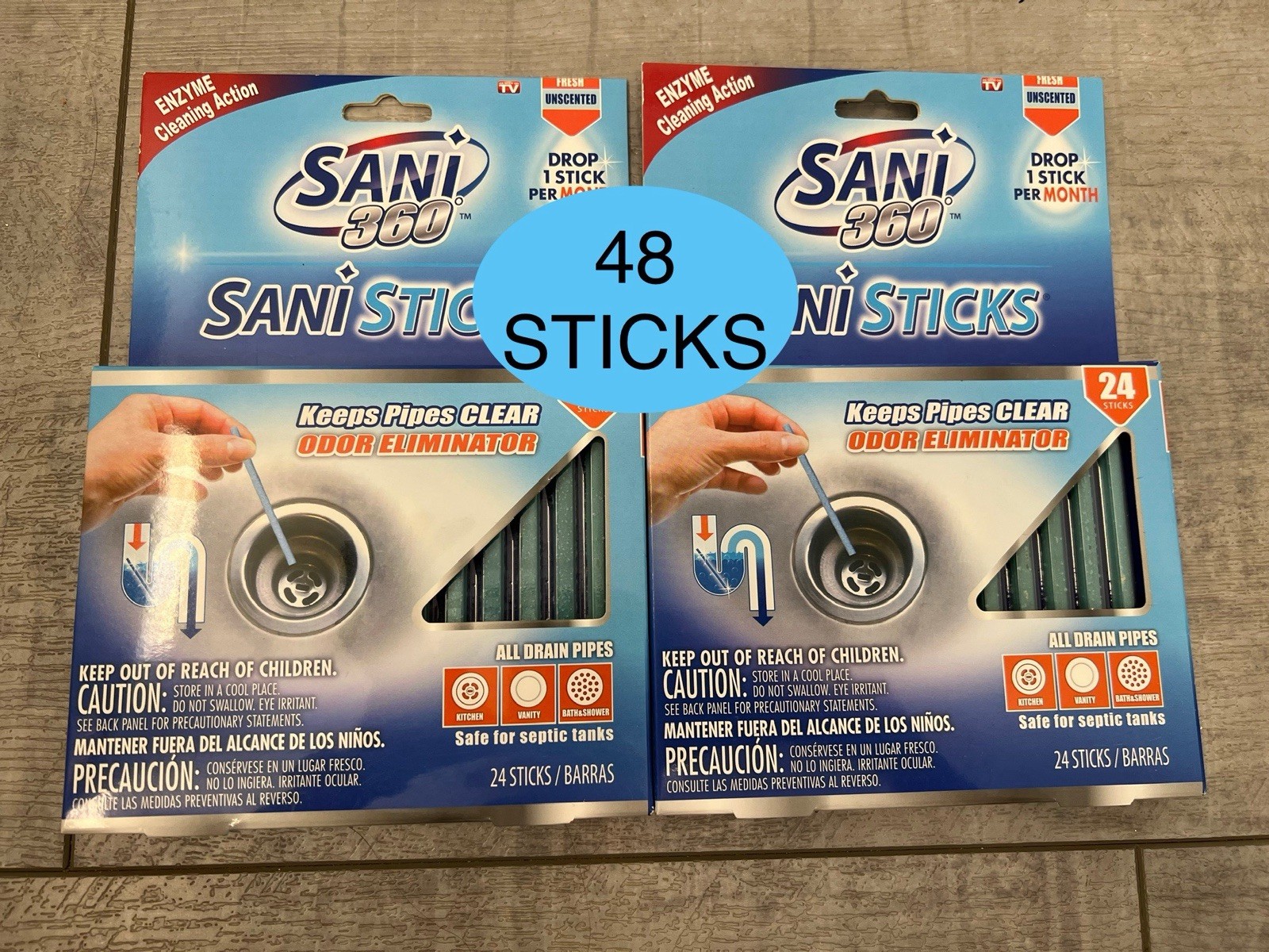 48 SANI 360° Sani Sticks Drain Cleaner and Sink Deodorizer Non-Toxic, Enzyme