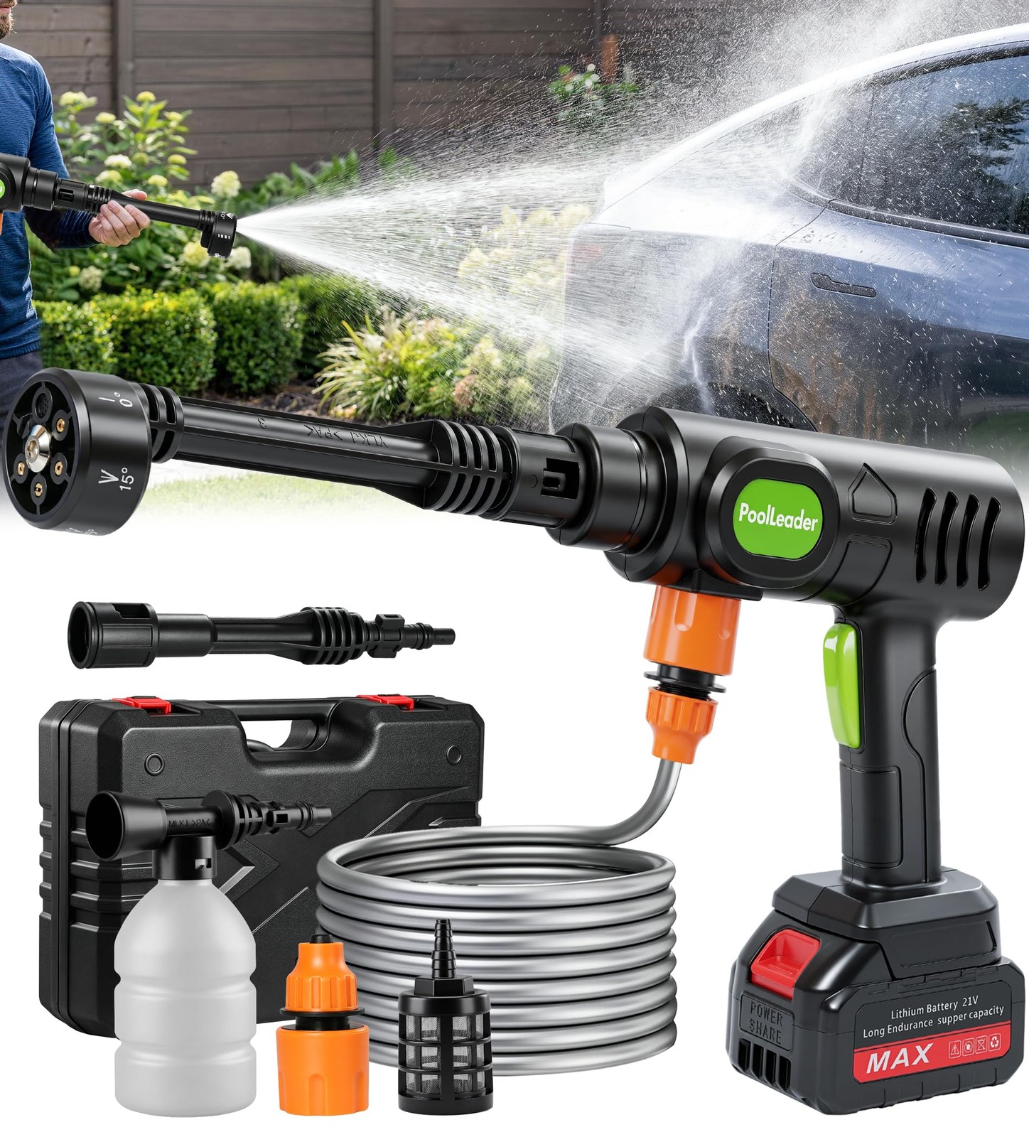 Cordless Car Washing Tool, Portable Vehicle Cleaner with 6-in-1 Nozzle & Foam…