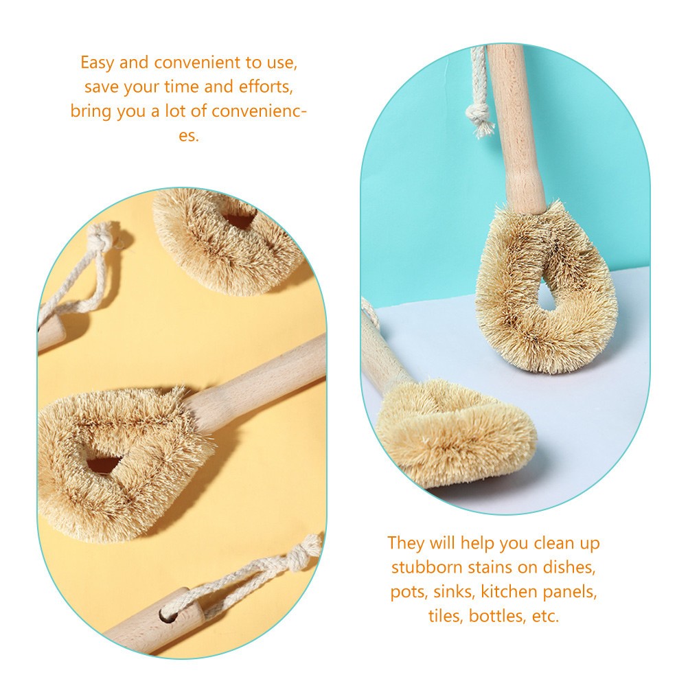 2pcs Kitchen Pot Brush Natural Bristle Wooden Handle Utensil Cleaning Brush