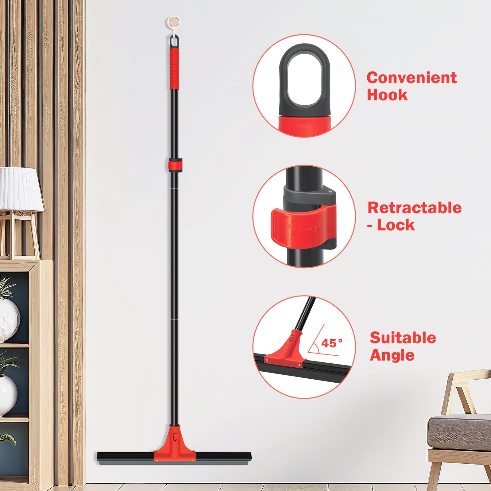 Floor Squeegee with 18” Silicone Rubber Scraper Head and 58” Long Adjustabl…