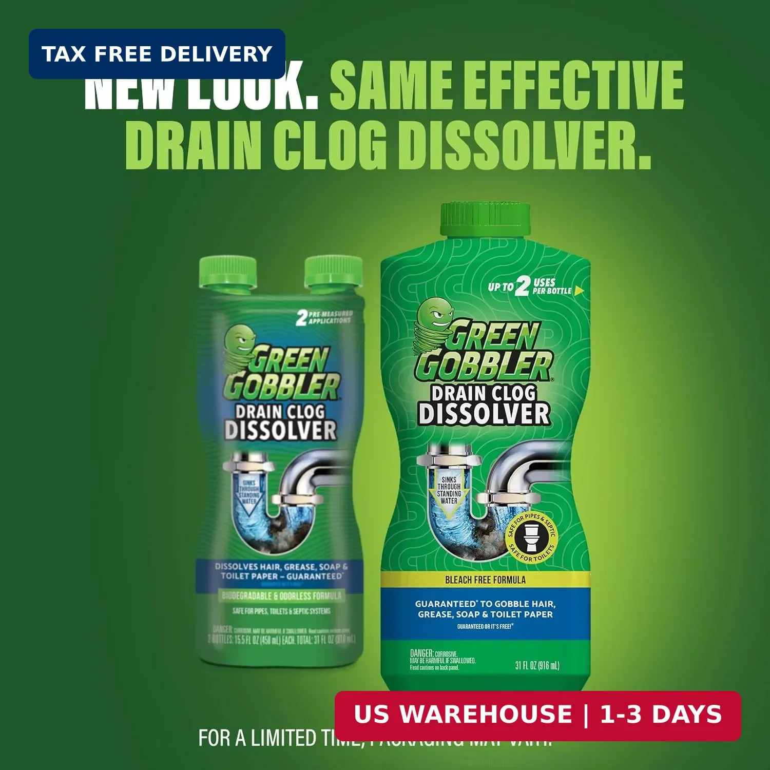 Green Gobbler Liquid Hair Drain Clog Remover & Cleaner, For Toilets, Sinks, Tubs