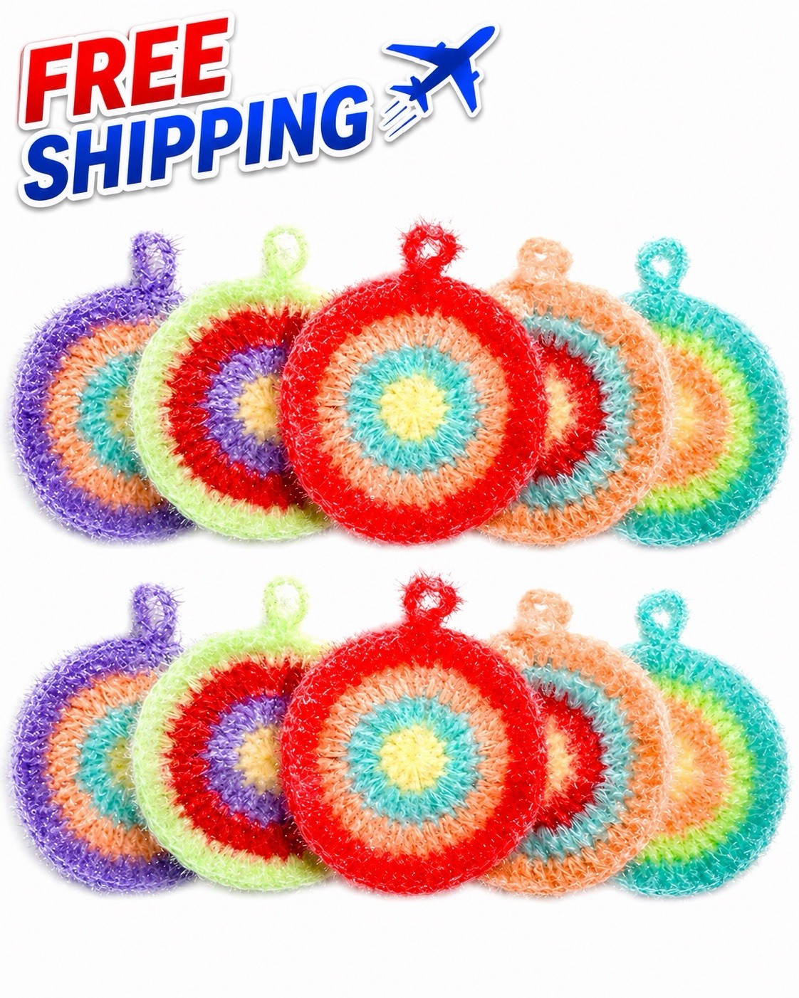 Korean Style Acrylic Yarn Dish Scrubber 10 Pack Rainbow Kitchen Sponge⁠